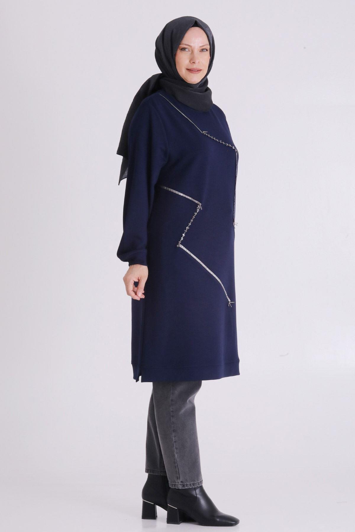 (OTW2064 Asimetrik Çizgi Detaylı Rahat Kesim Büyük Beden Tunik Lacivert OTWV2064