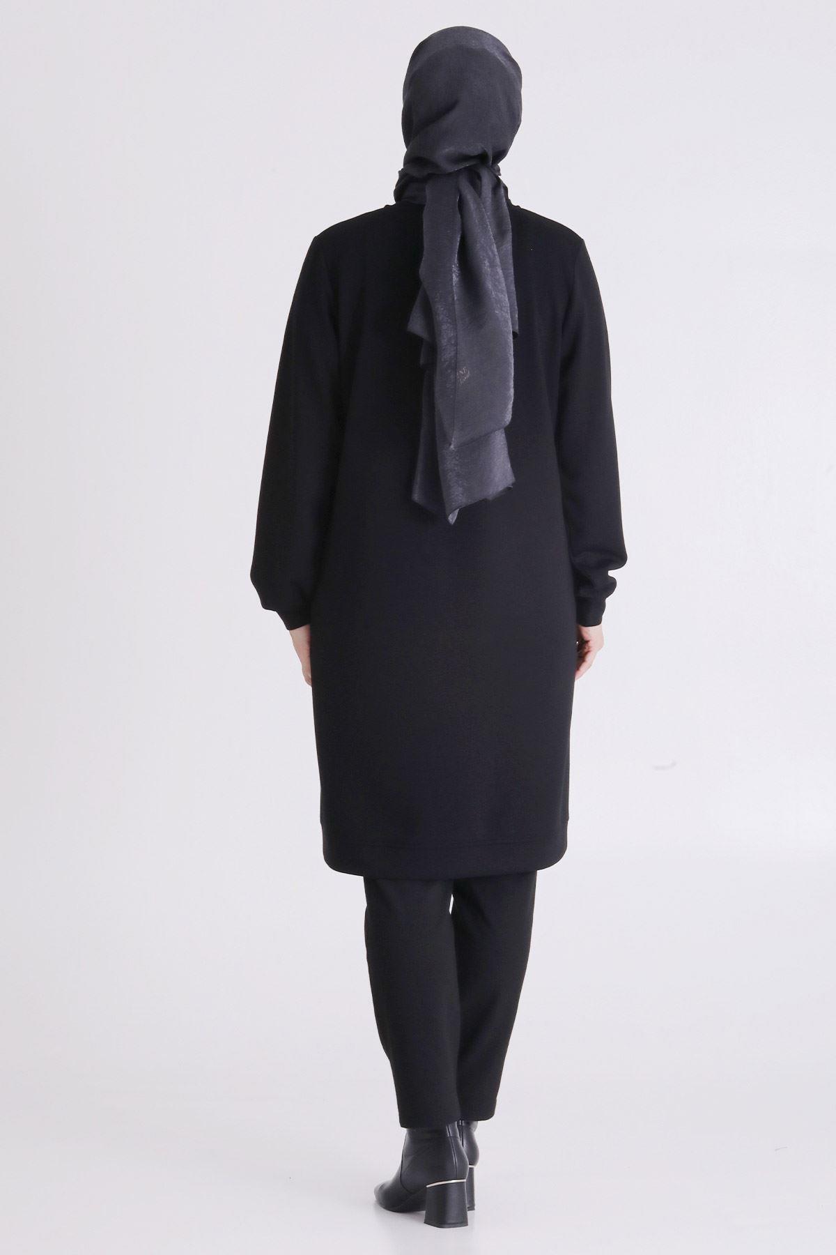 (OTW2064 Asimetrik Çizgi Detaylı Rahat Kesim Büyük Beden Tunik Siyah OTWV2064