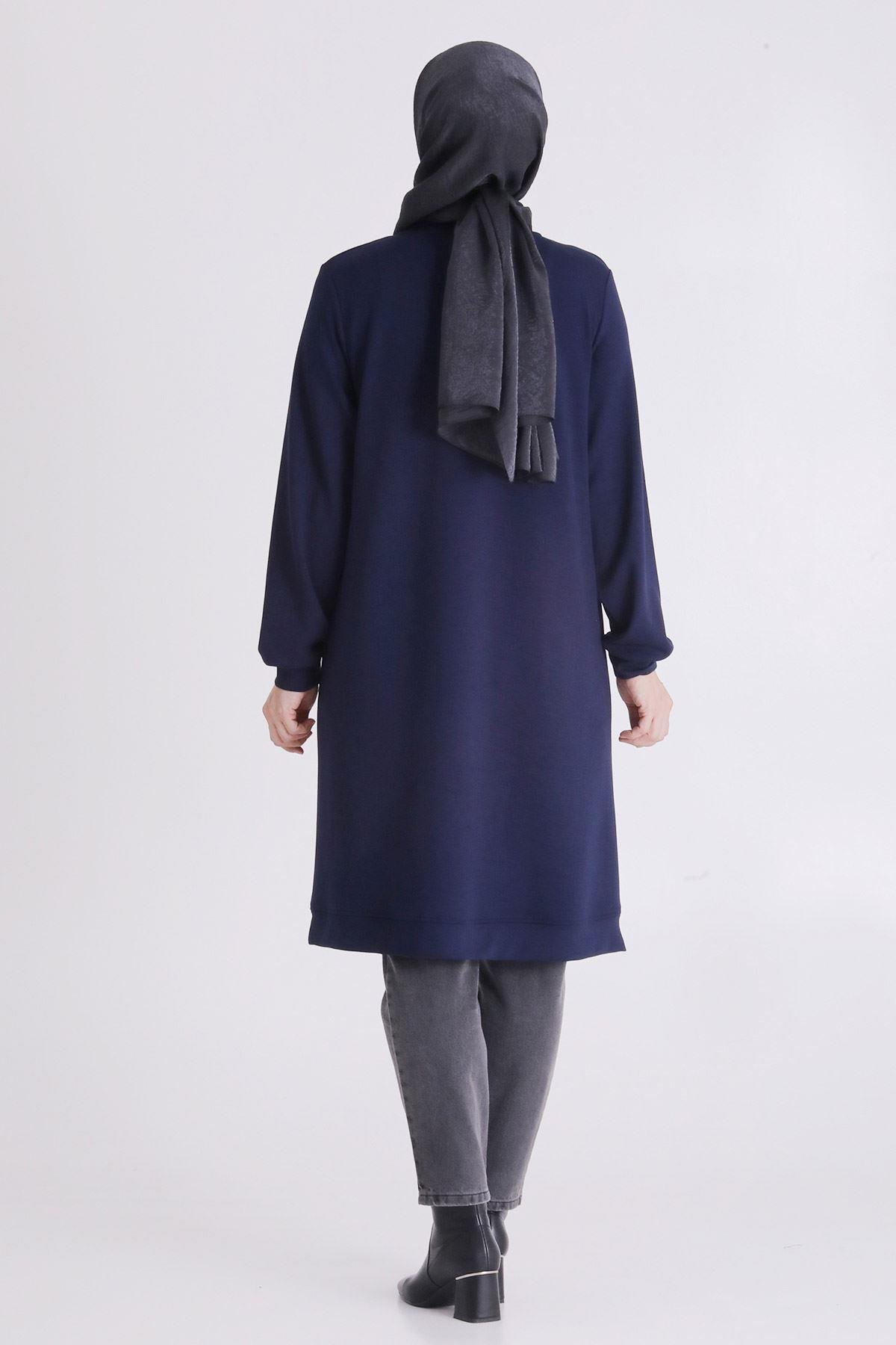 (OTW2064 Asimetrik Çizgi Detaylı Rahat Kesim Büyük Beden Tunik Lacivert OTWV2064