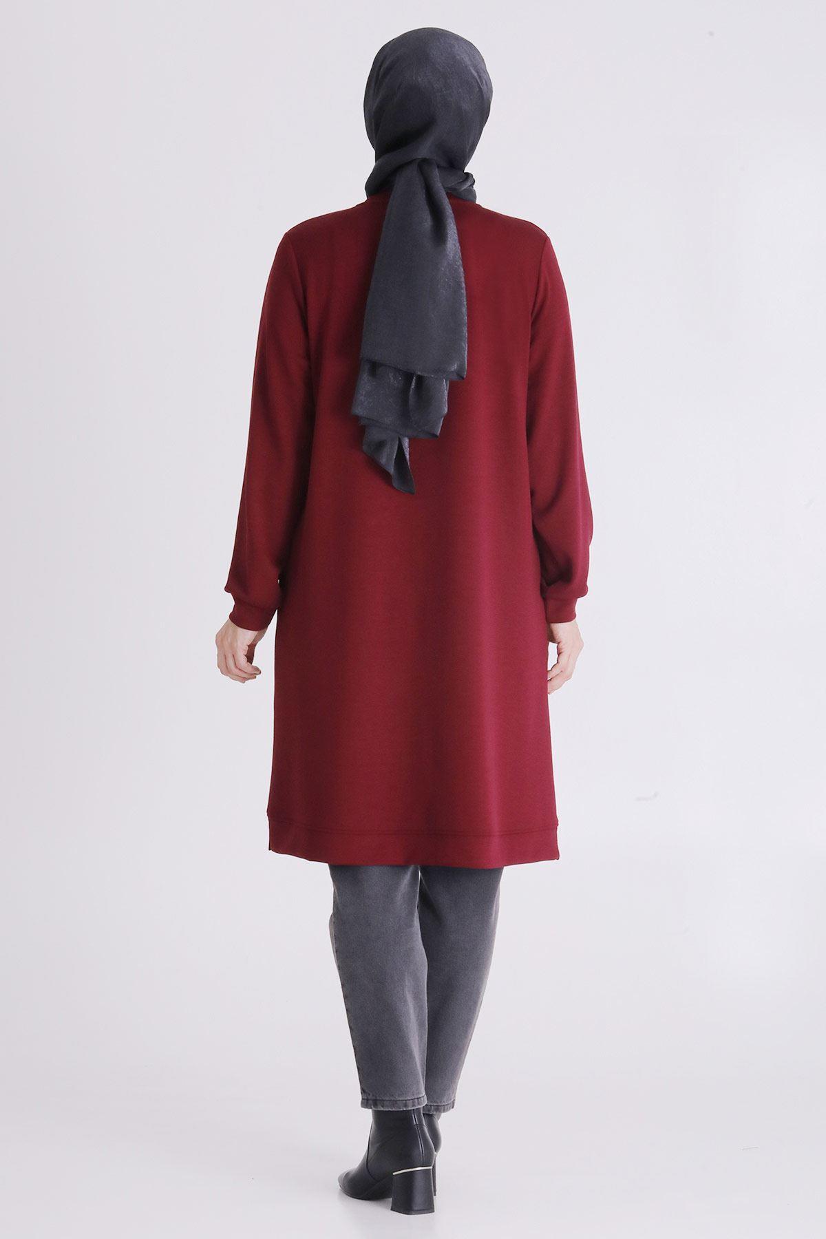 (OTW2064 Asimetrik Çizgi Detaylı Rahat Kesim Büyük Beden Tunik Vişne OTWV2064