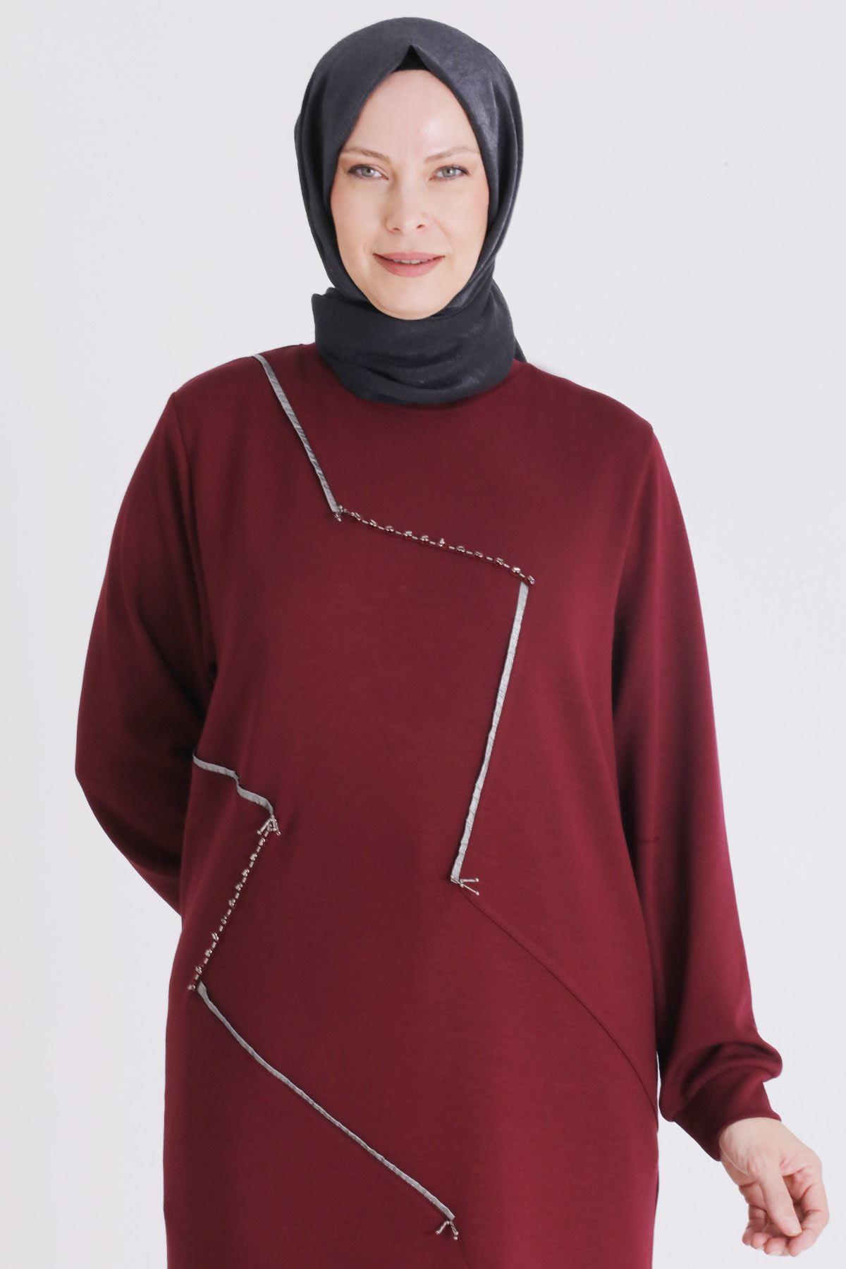 (OTW2064 Asimetrik Çizgi Detaylı Rahat Kesim Büyük Beden Tunik Vişne OTWV2064