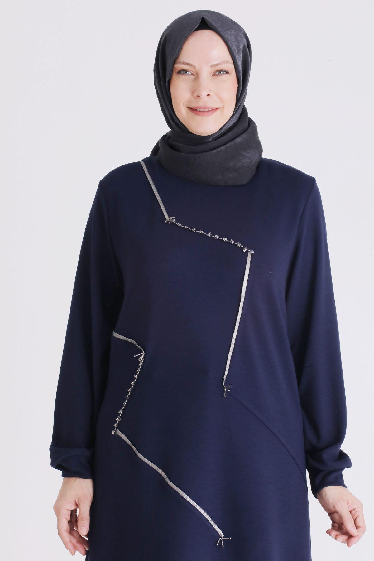 (OTW2064 Asimetrik Çizgi Detaylı Rahat Kesim Büyük Beden Tunik Lacivert OTWV2064