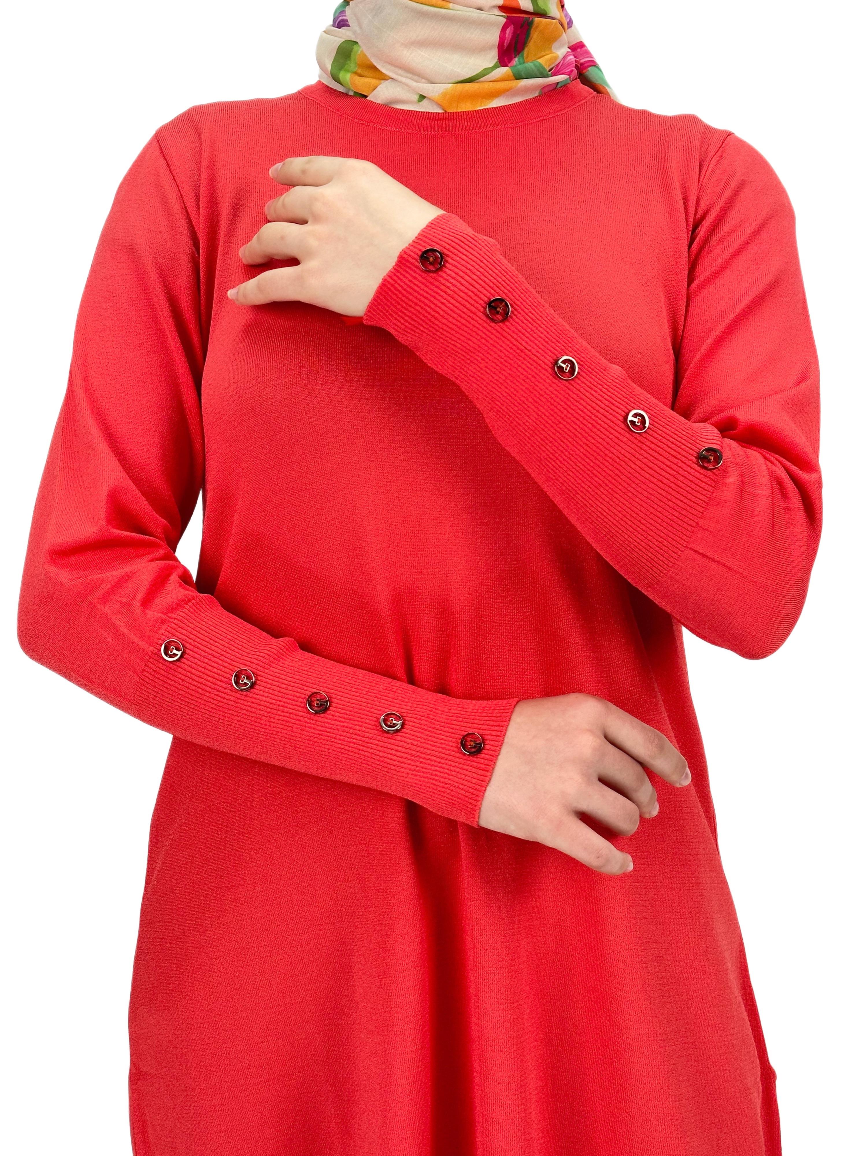 OTW2769-2 Kolları Düğmeli Merserize Triko Tunik Mercan