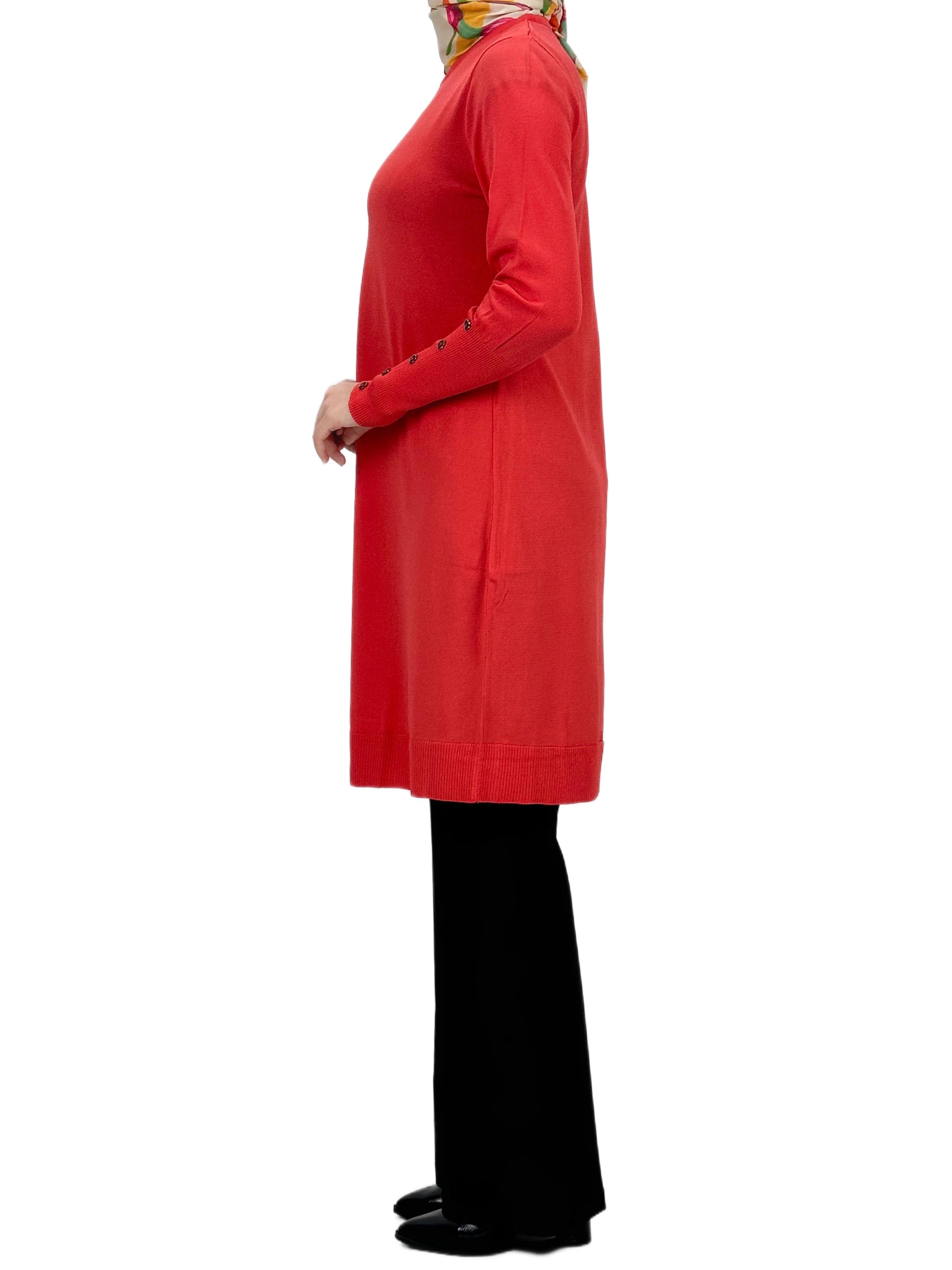 OTW2769-2 Kolları Düğmeli Merserize Triko Tunik Mercan
