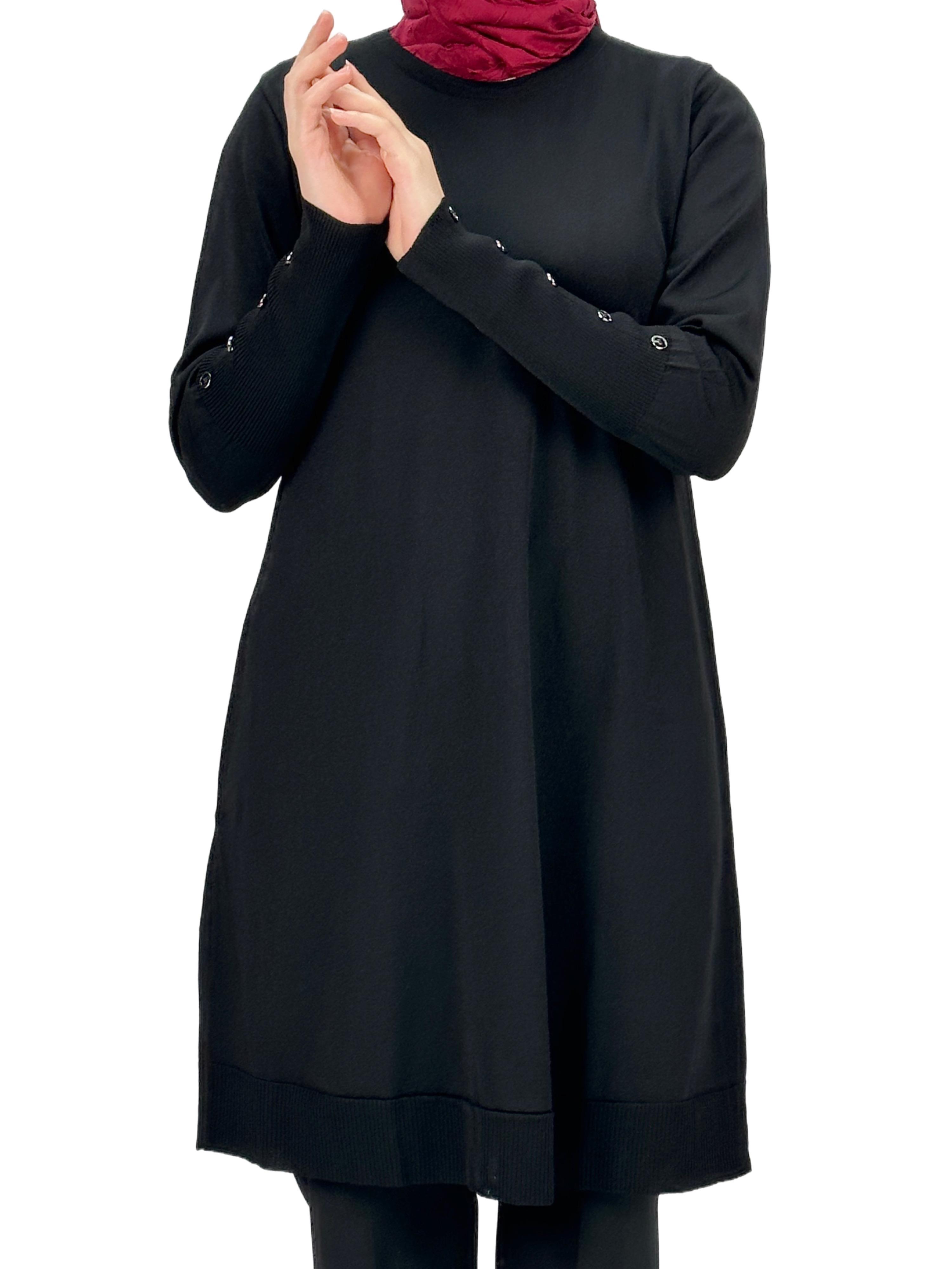 OTW2769-2 Kolları Düğmeli Merserize Triko Tunik Siyah