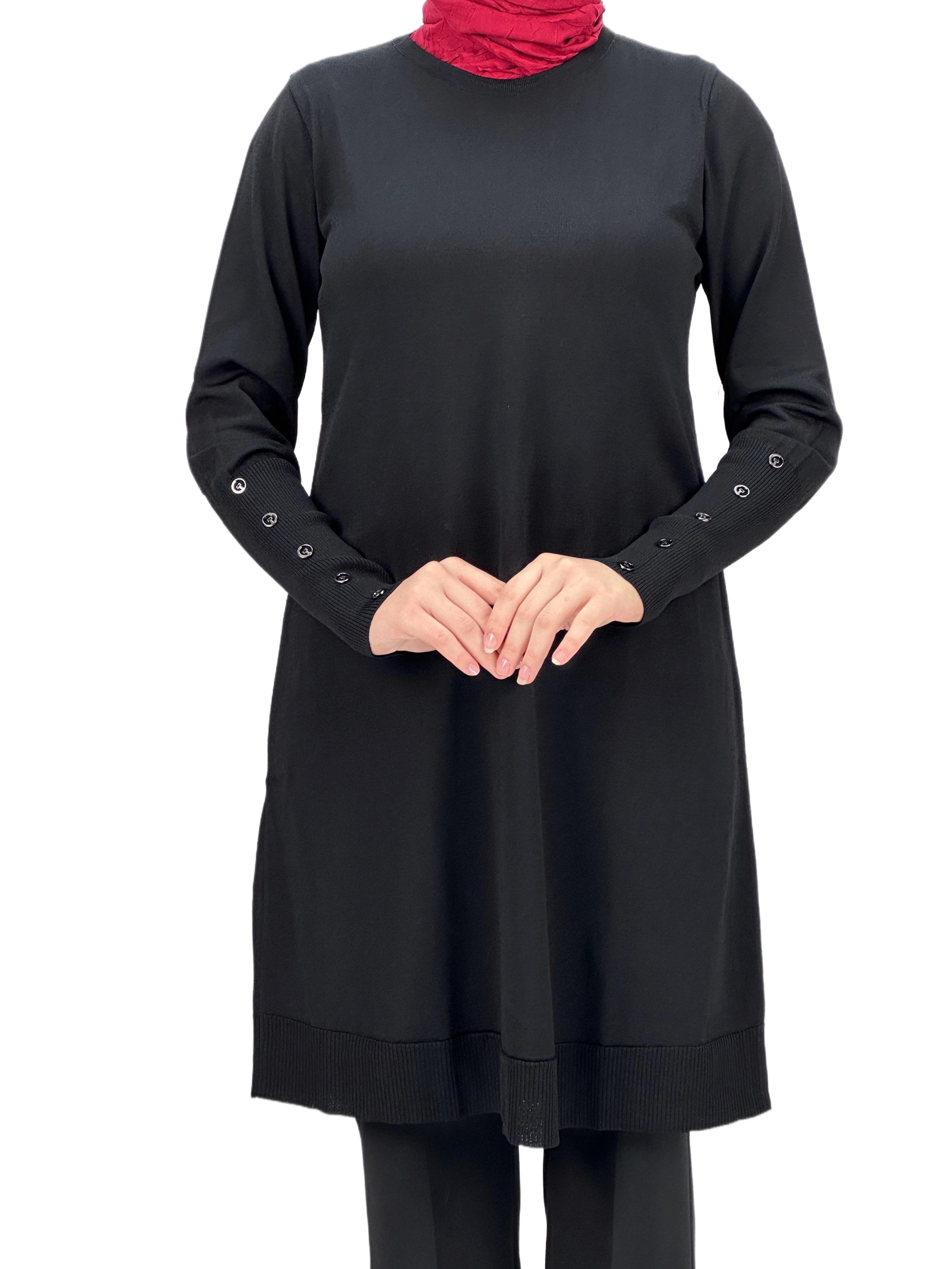 OTW2769-2 Kolları Düğmeli Merserize Triko Tunik Siyah