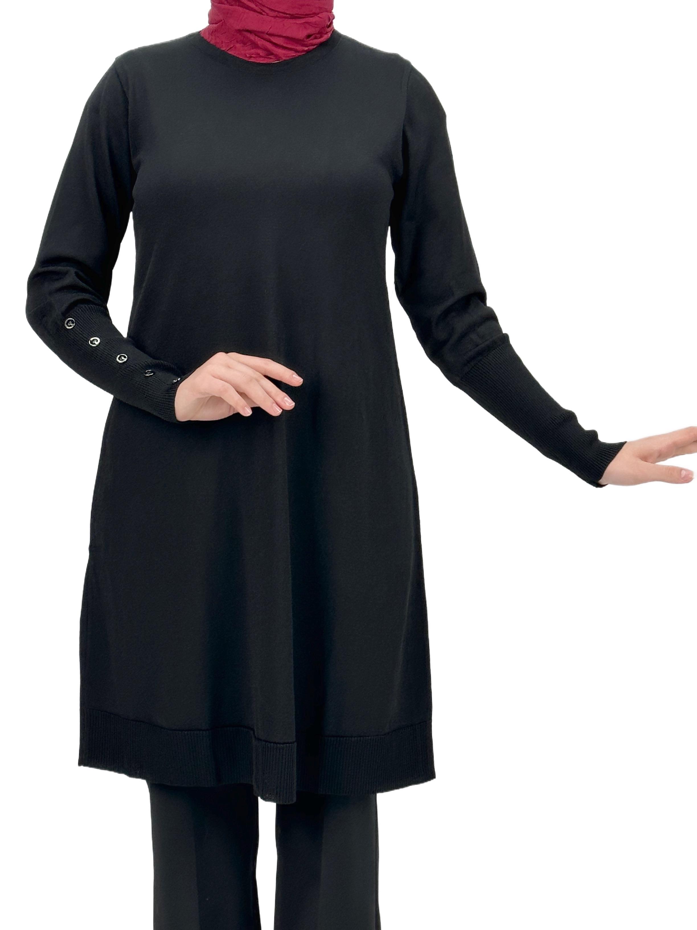 OTW2769-2 Kolları Düğmeli Merserize Triko Tunik Siyah