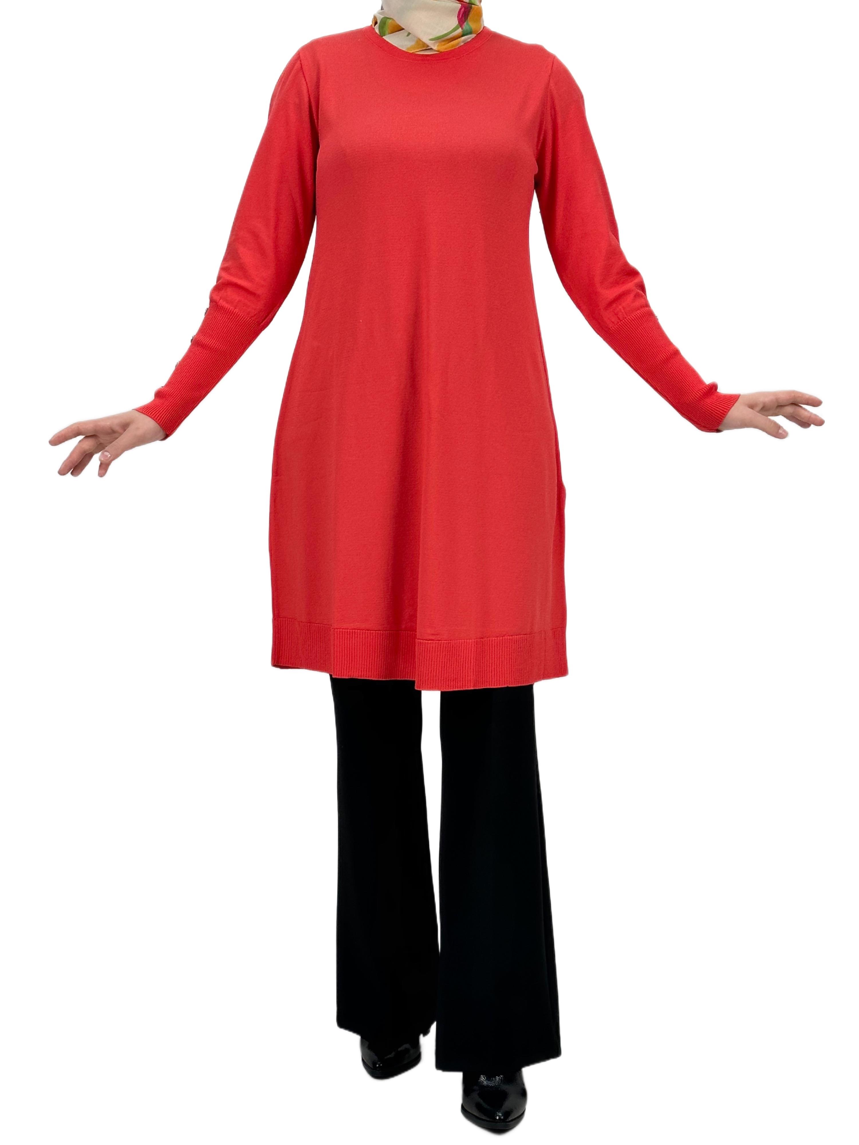 OTW2769-2 Kolları Düğmeli Merserize Triko Tunik Mercan