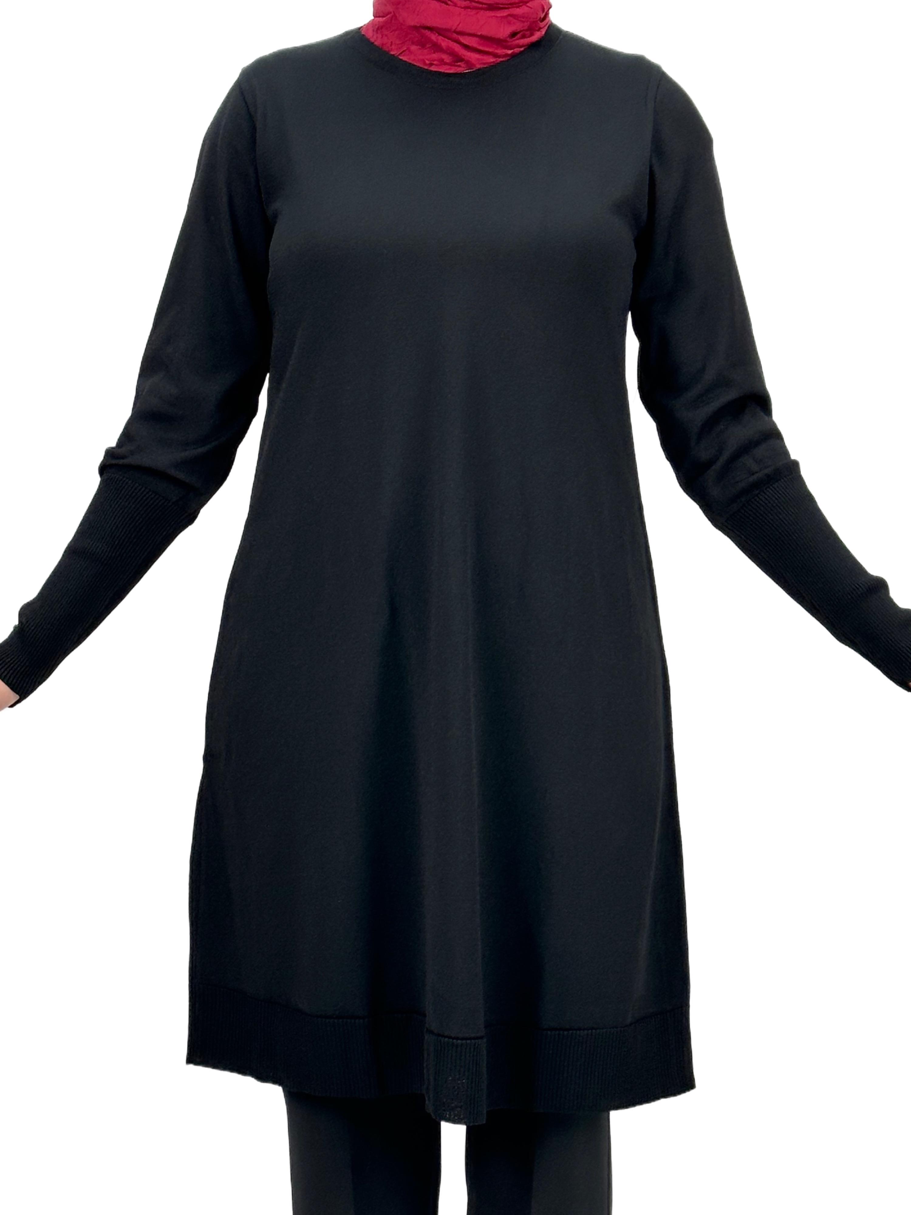 OTW2769-2 Kolları Düğmeli Merserize Triko Tunik Siyah