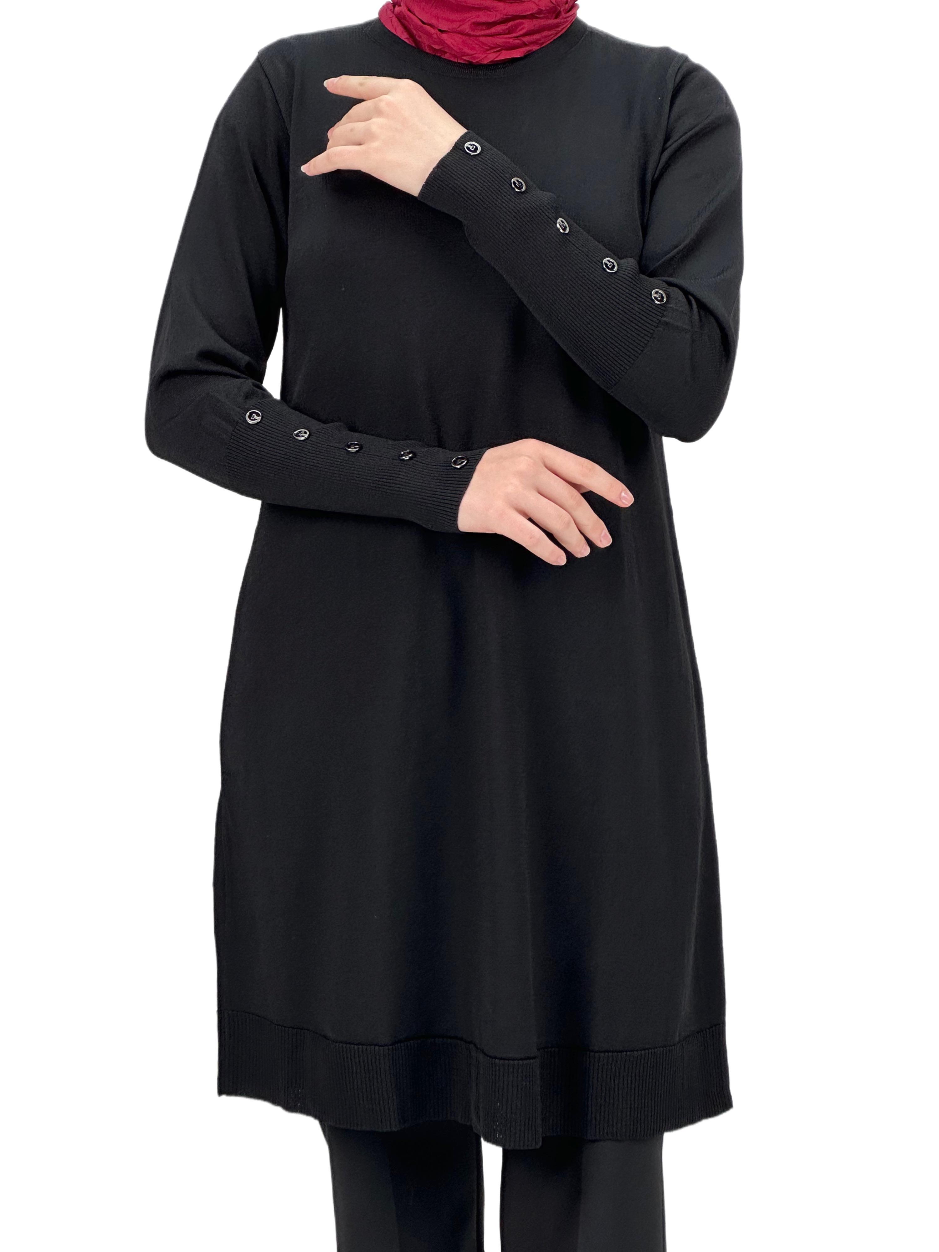 OTW2769-2 Kolları Düğmeli Merserize Triko Tunik Siyah