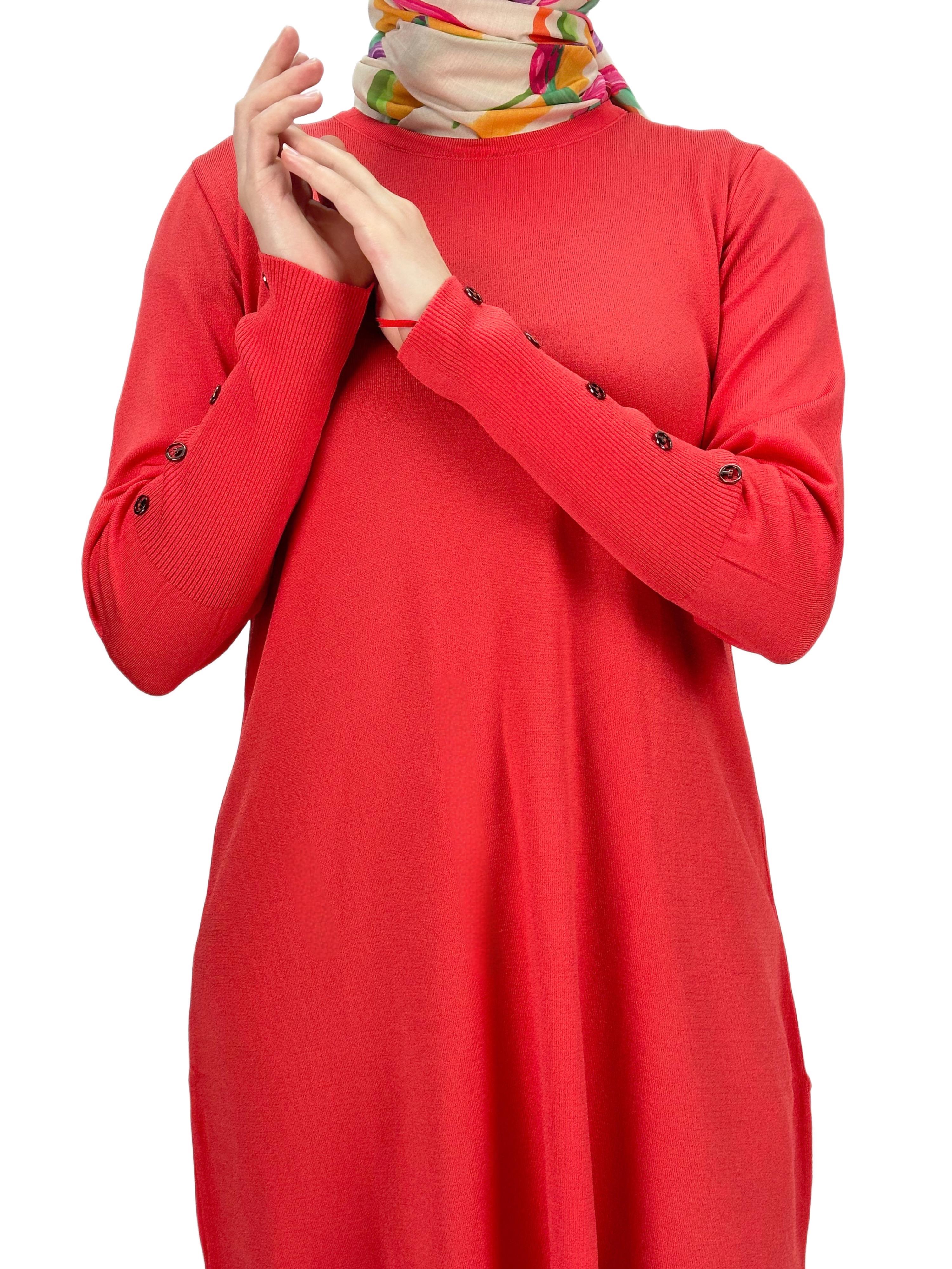 OTW2769-2 Kolları Düğmeli Merserize Triko Tunik Mercan
