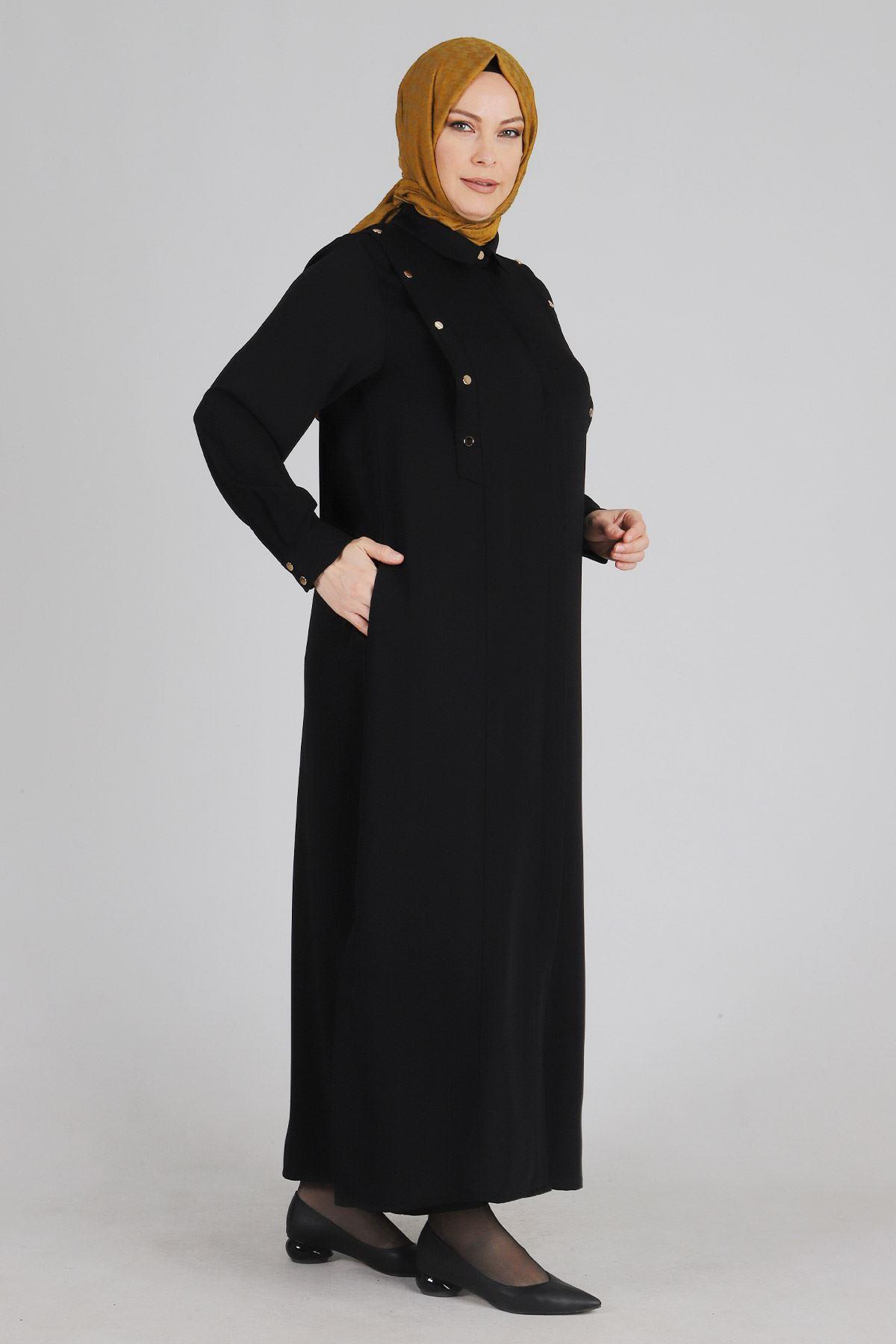 OTW28056 Büyük Beden Çıtçıtlı Ferace Siyah