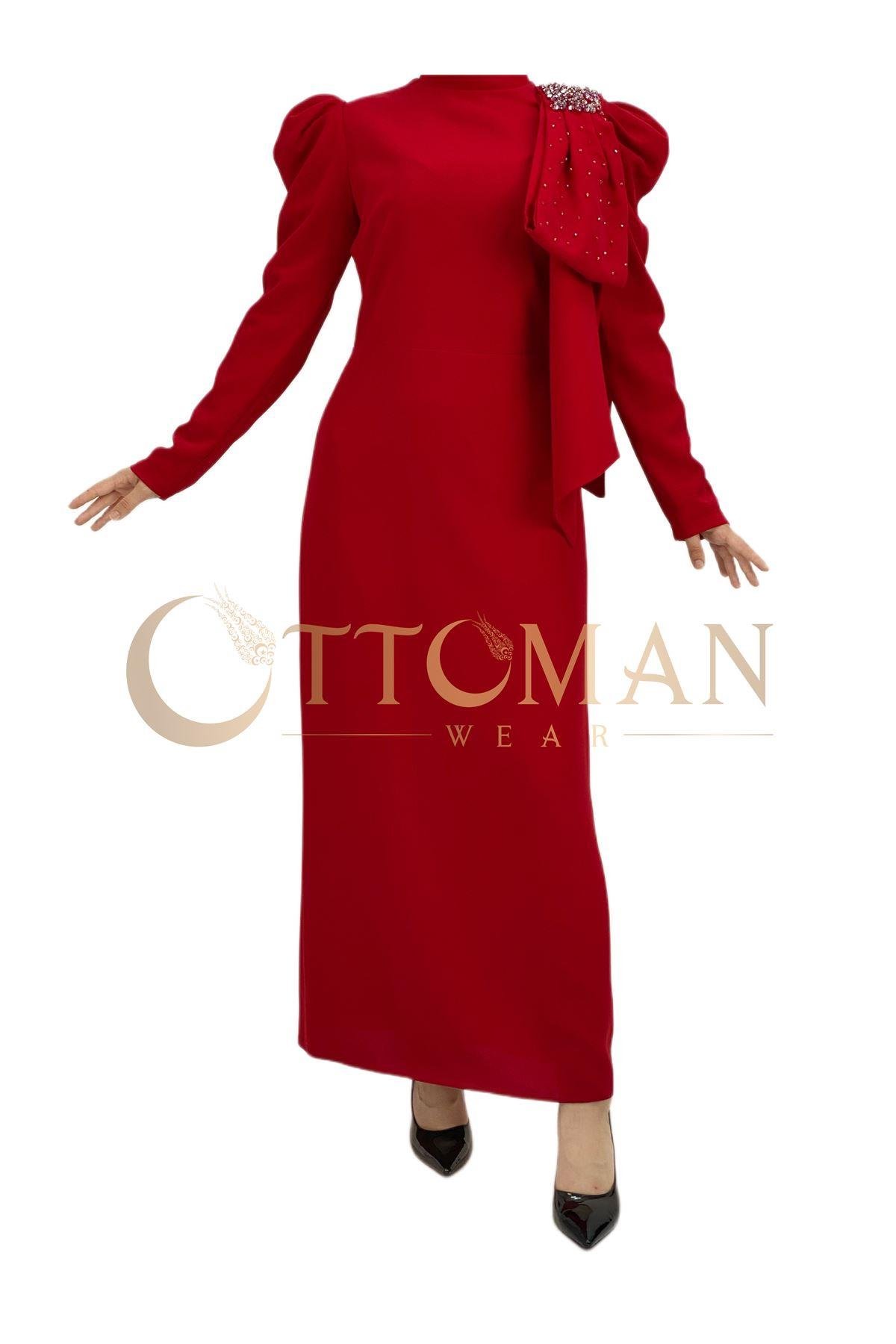 OTW3523 Omuz Fiyonk-Taş Detaylı Elbise Kırmızı
