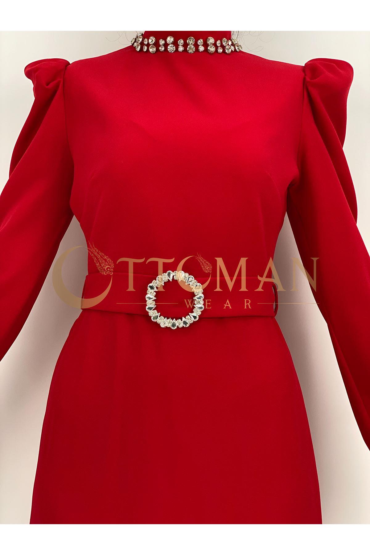 OTW3553 Yaka-Kemer Taş Detaylı Abiye Elbise Kırmızı