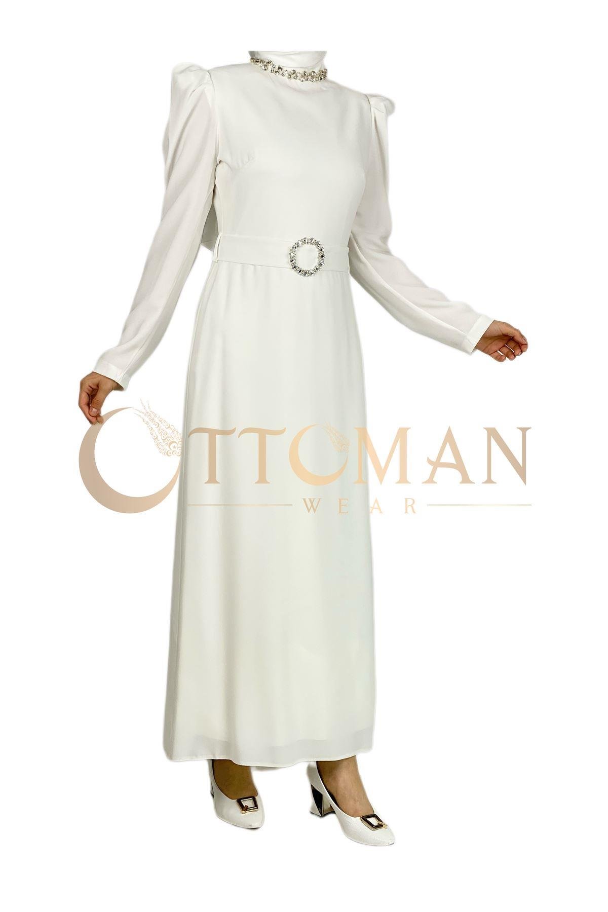 OTW3553 Yaka-Kemer Taş Detaylı Abiye Elbise Ekru