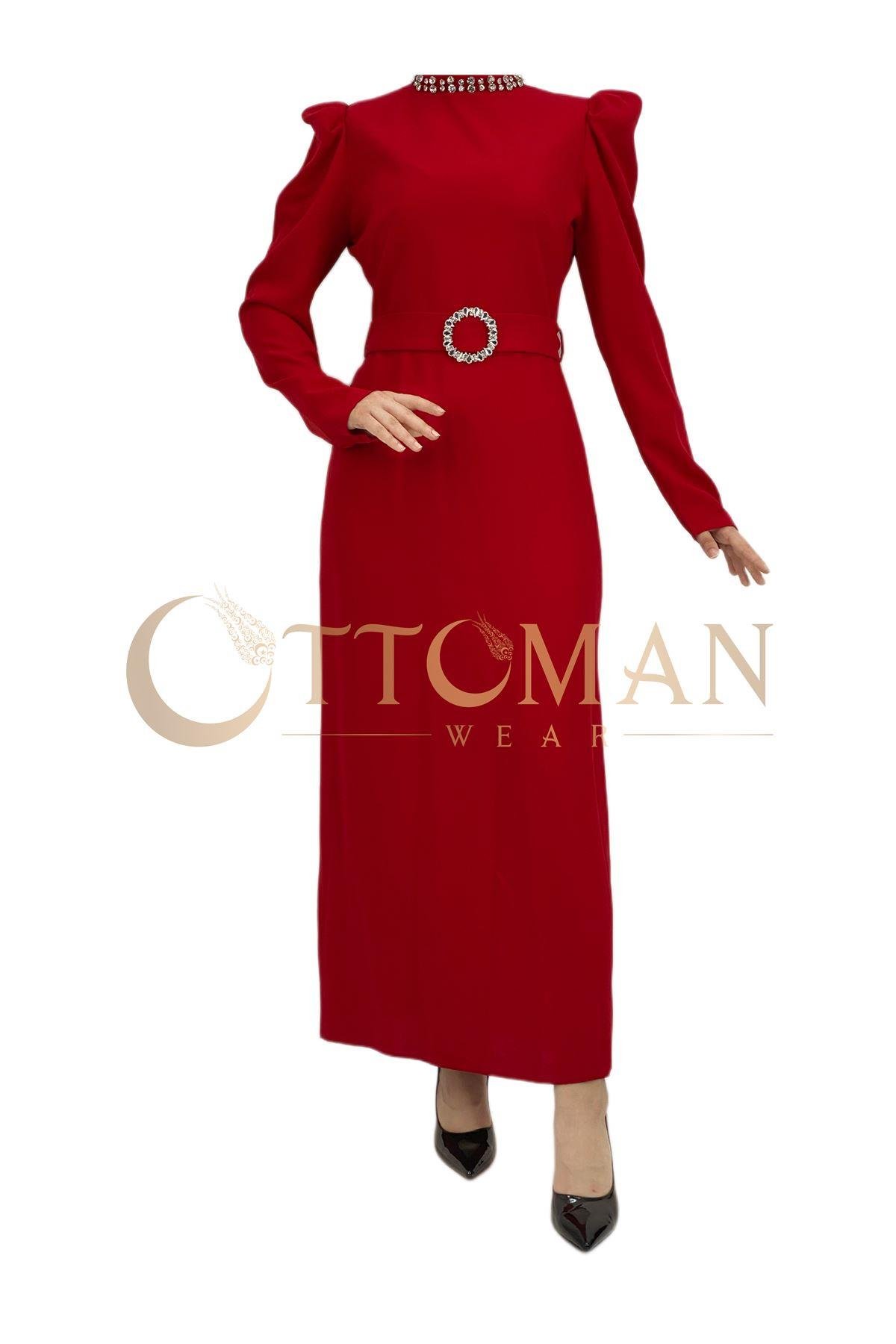 OTW3553 Yaka-Kemer Taş Detaylı Abiye Elbise Kırmızı