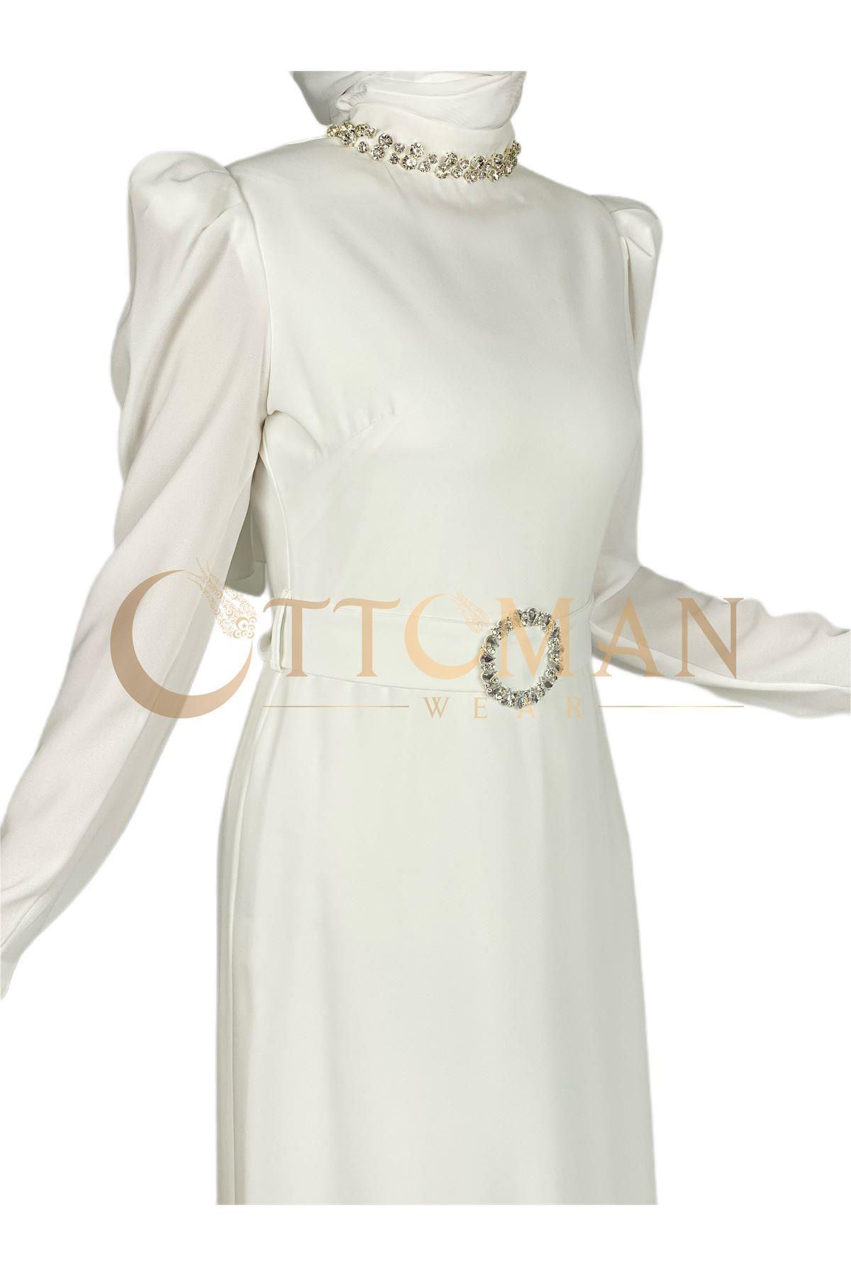 OTW3553 Yaka-Kemer Taş Detaylı Abiye Elbise Ekru