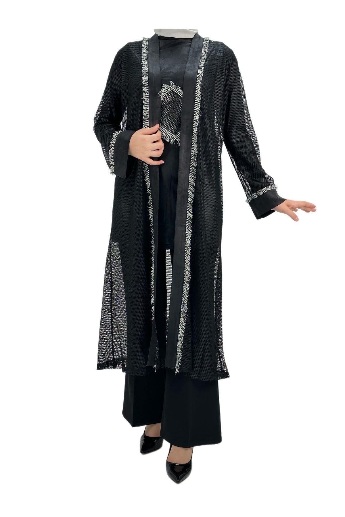 OTW39802 Fileli İçlikli Kimon Takım Siyah-Beyaz