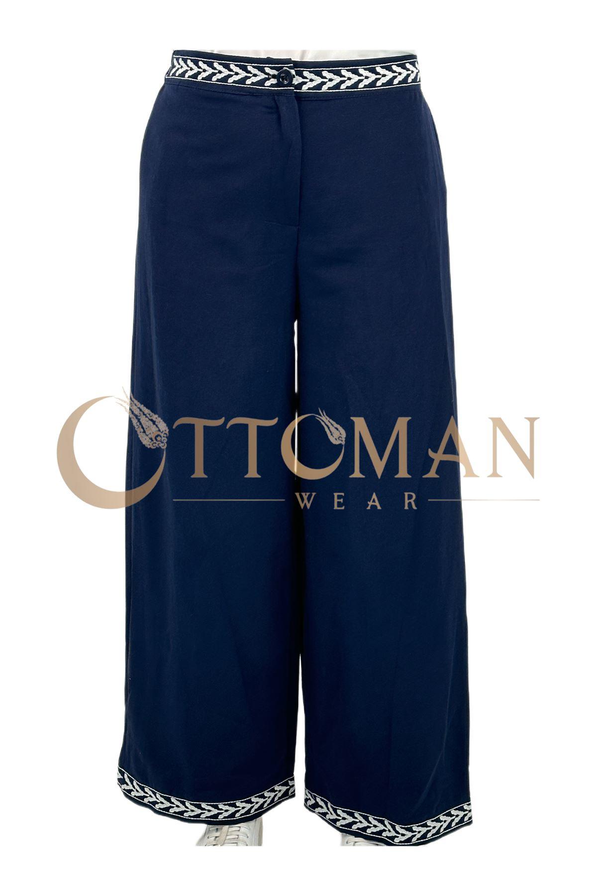OTW4127 İşlemeli Keten Pantolon Lacivert