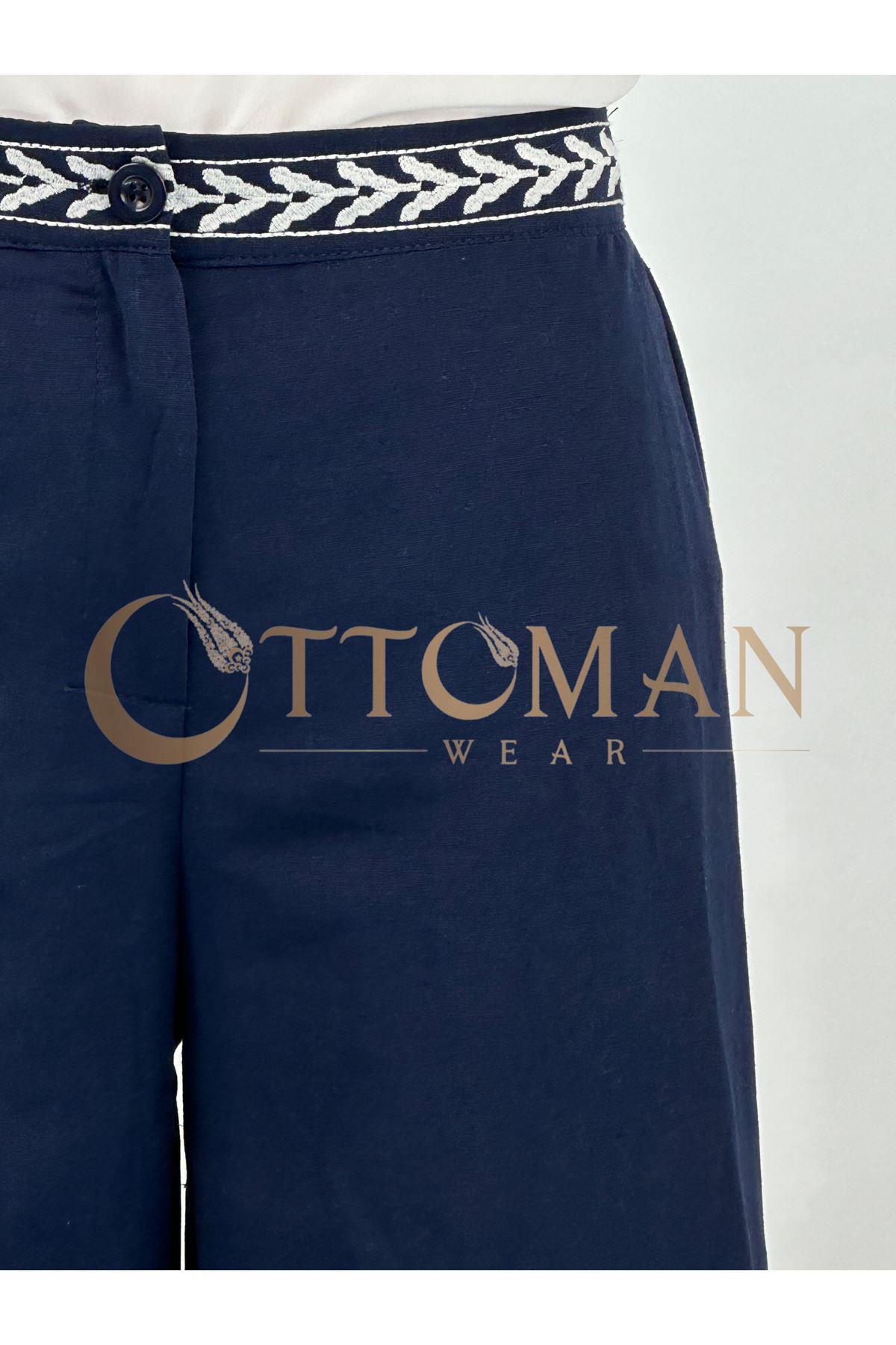 OTW4127 İşlemeli Keten Pantolon Lacivert