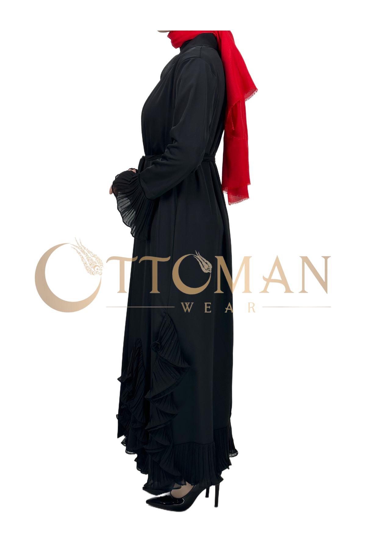 OTW4482 Fırfır Detaylı Abaya Siyah