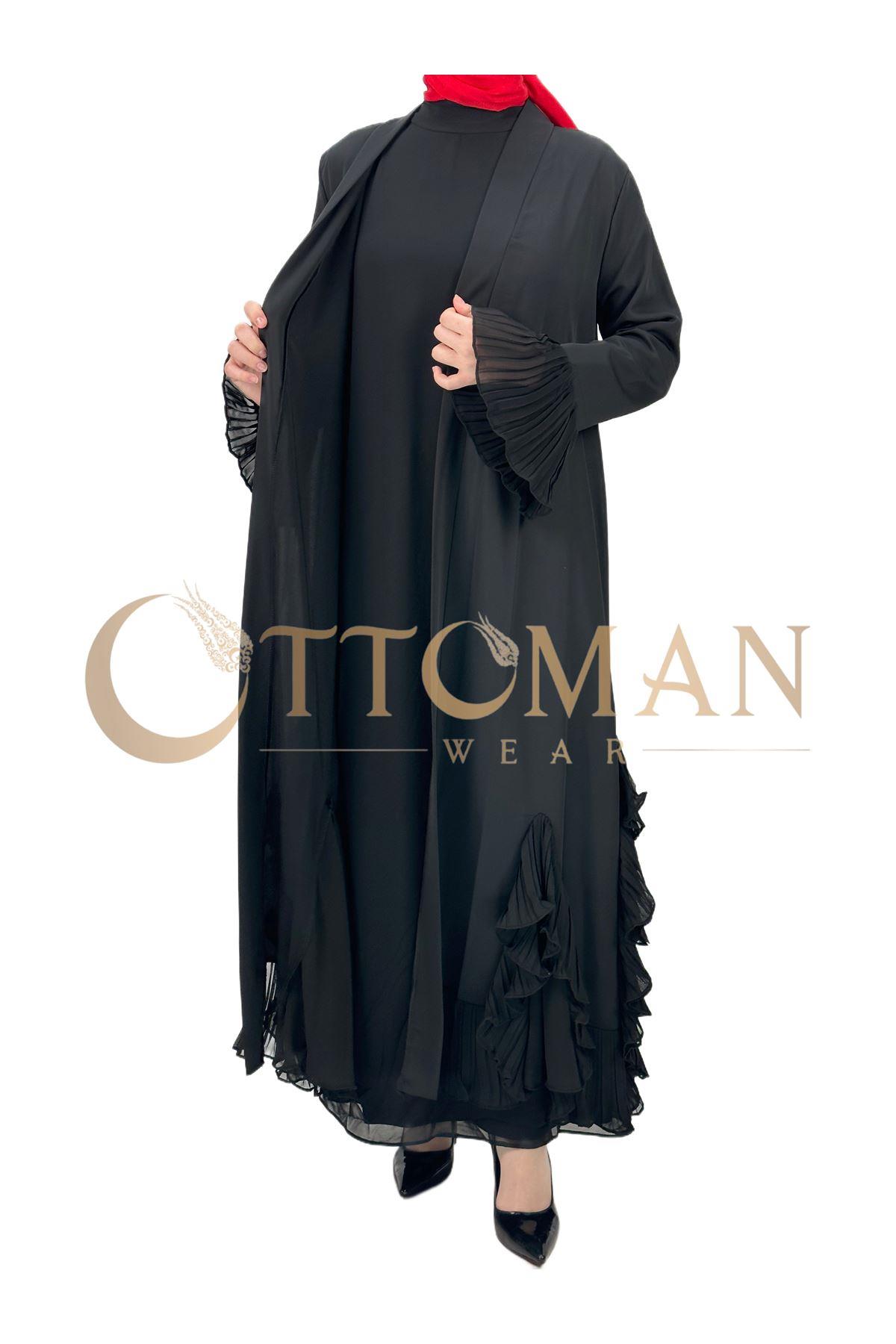 OTW4482 Fırfır Detaylı Abaya Siyah