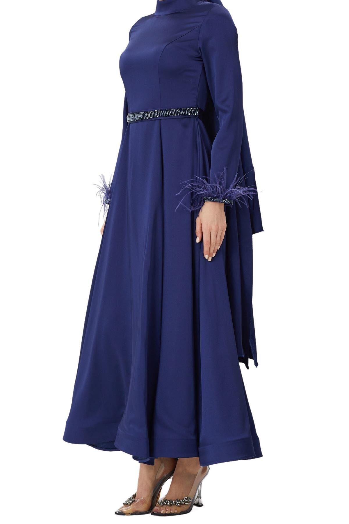 OTW4609 Kemerli Saten Abiye Elbise Lacivert