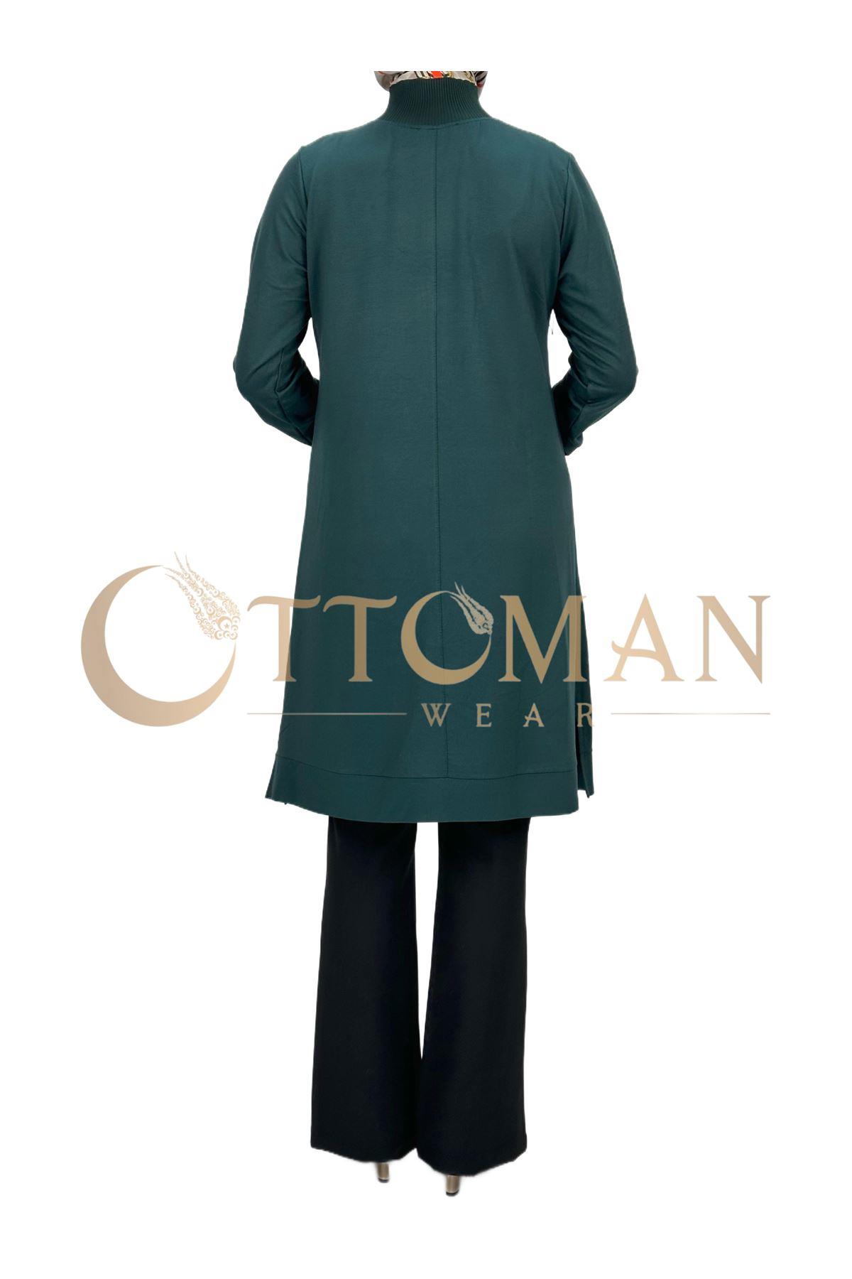 OTW629 Fermuarlı Tunik Zümrüt