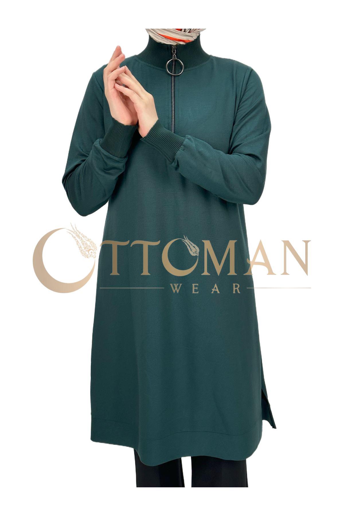 OTW629 Fermuarlı Tunik Zümrüt