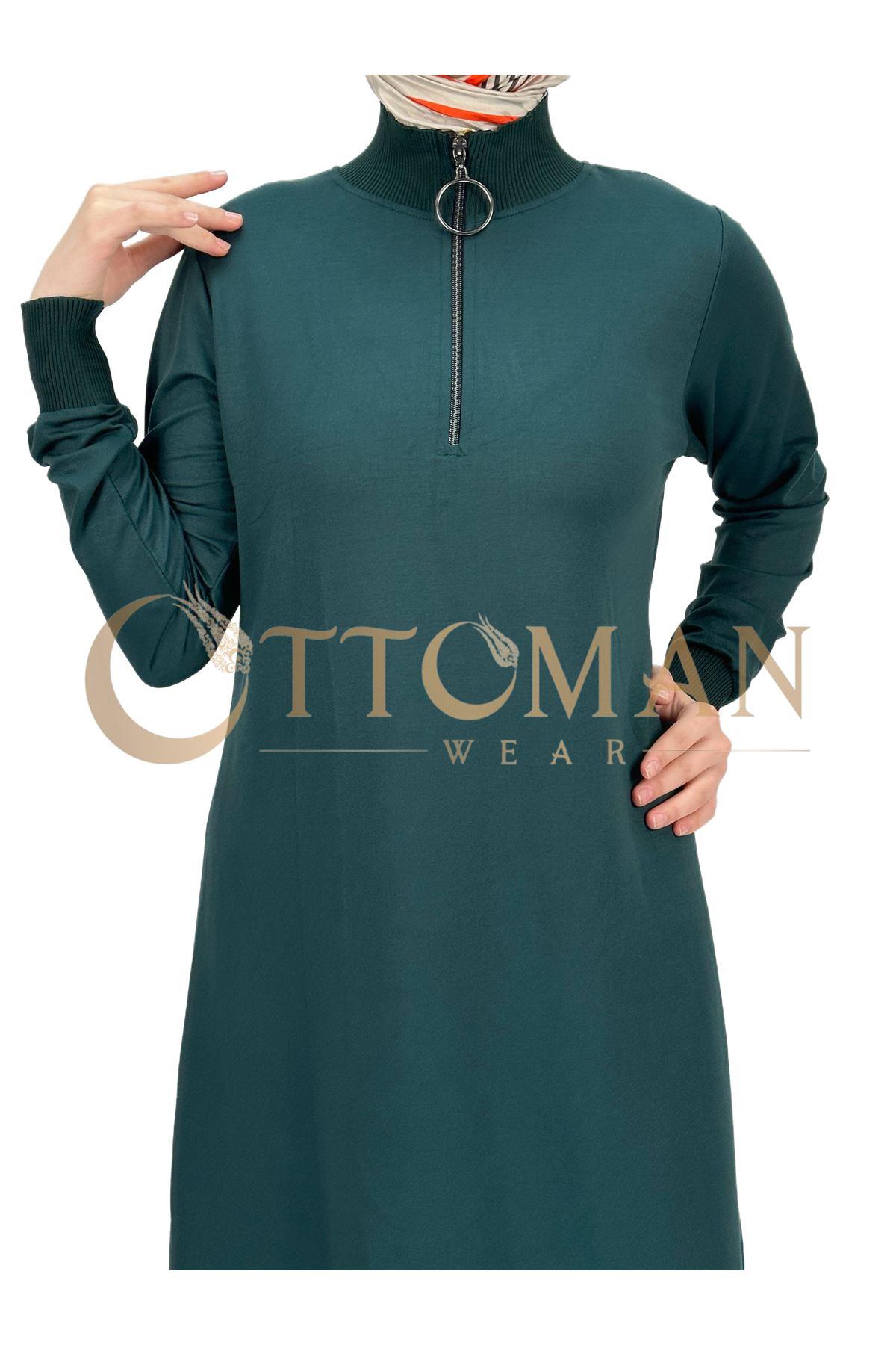 OTW629 Fermuarlı Tunik Zümrüt