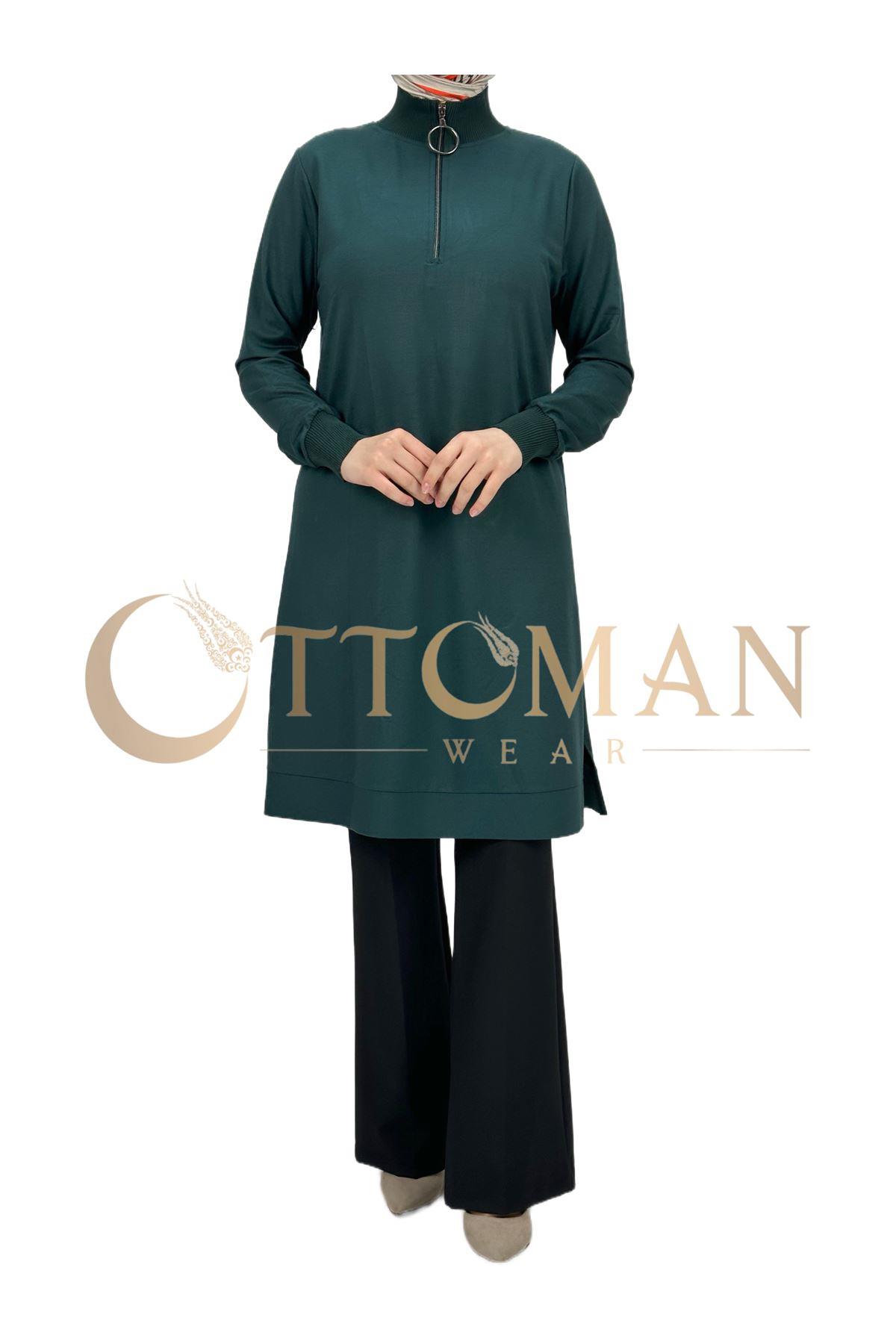 OTW629 Fermuarlı Tunik Zümrüt
