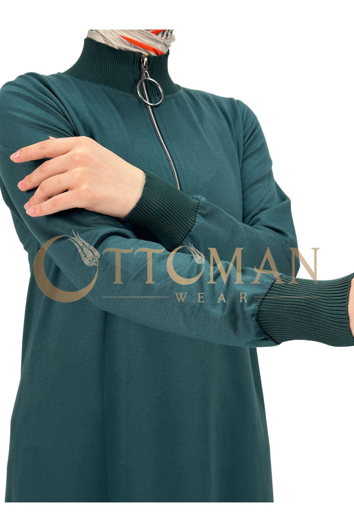 OTW629 Fermuarlı Tunik Zümrüt