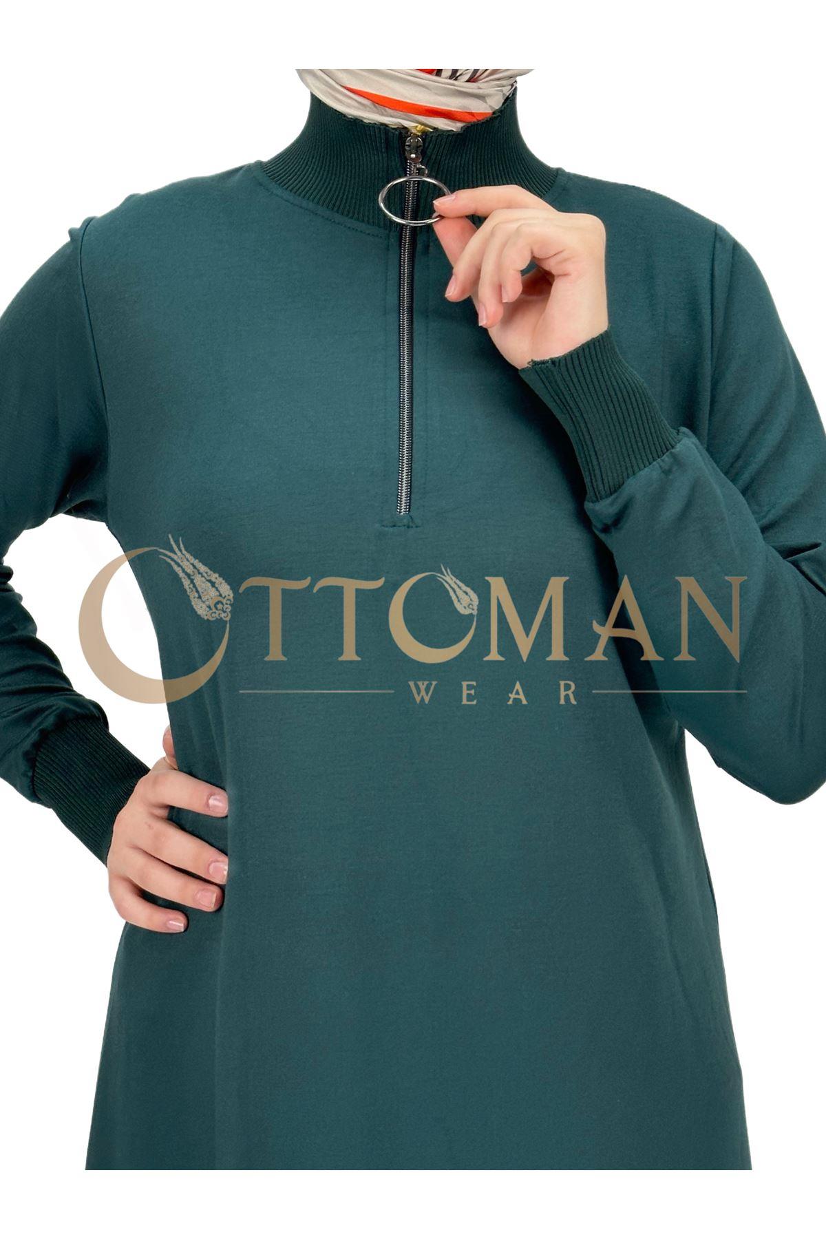 OTW629 Fermuarlı Tunik Zümrüt