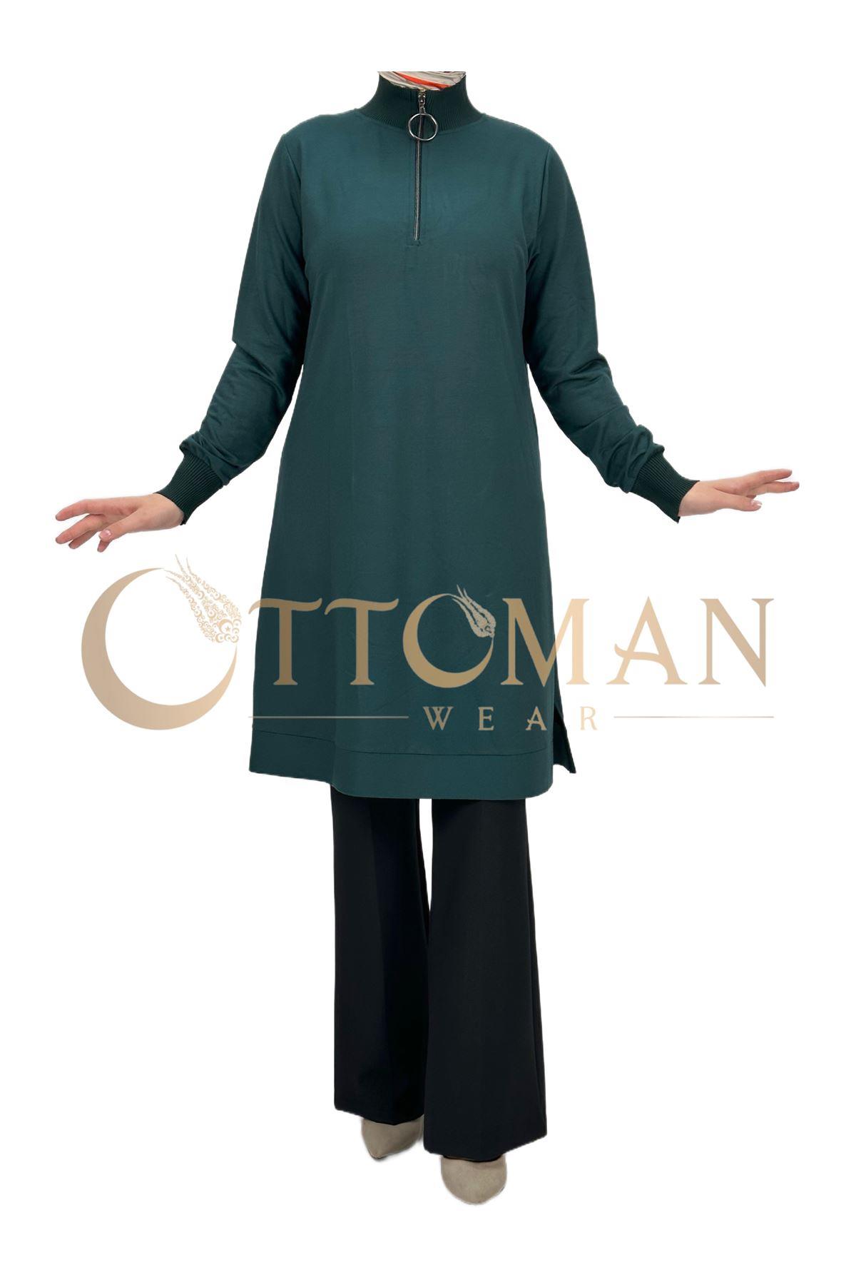 OTW629 Fermuarlı Tunik Zümrüt