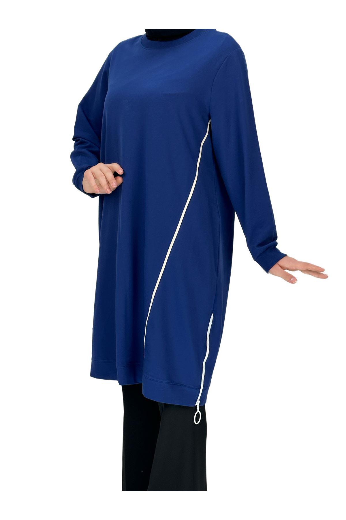 OTW7088 Biyeli Uzun Yandan Fermuarlı Tunik İndigo