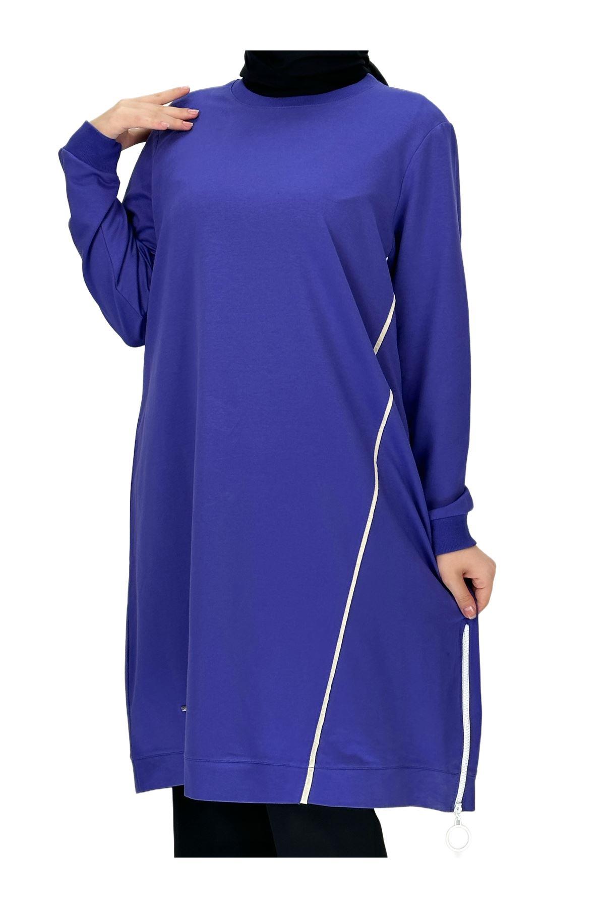 OTW7088 Biyeli Uzun Yandan Fermuarlı Tunik Mor