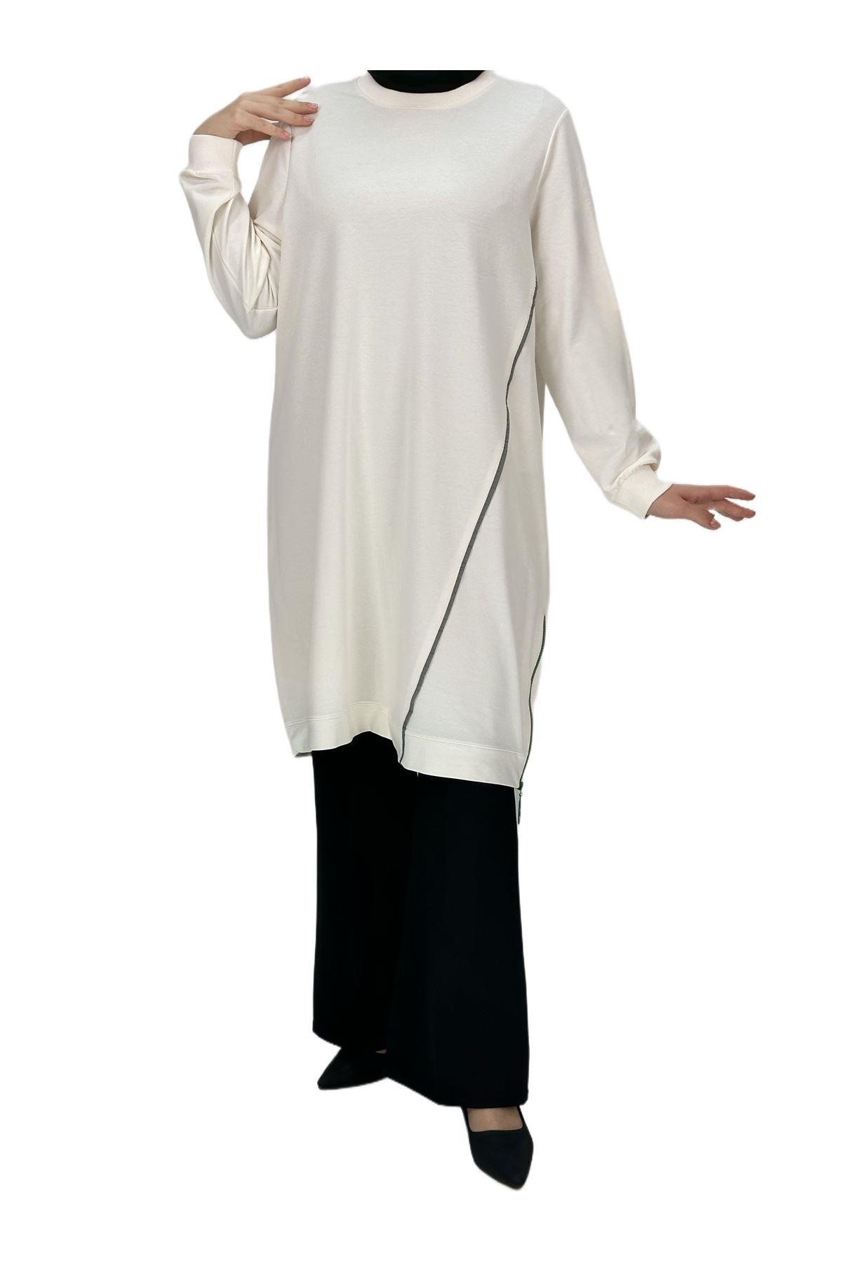 OTW7088 Biyeli Uzun Yandan Fermuarlı Tunik Ekru