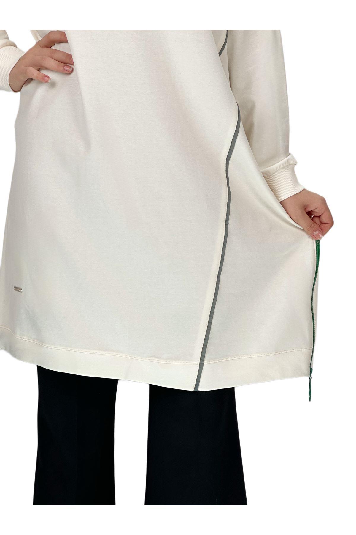 OTW7088 Biyeli Uzun Yandan Fermuarlı Tunik Ekru