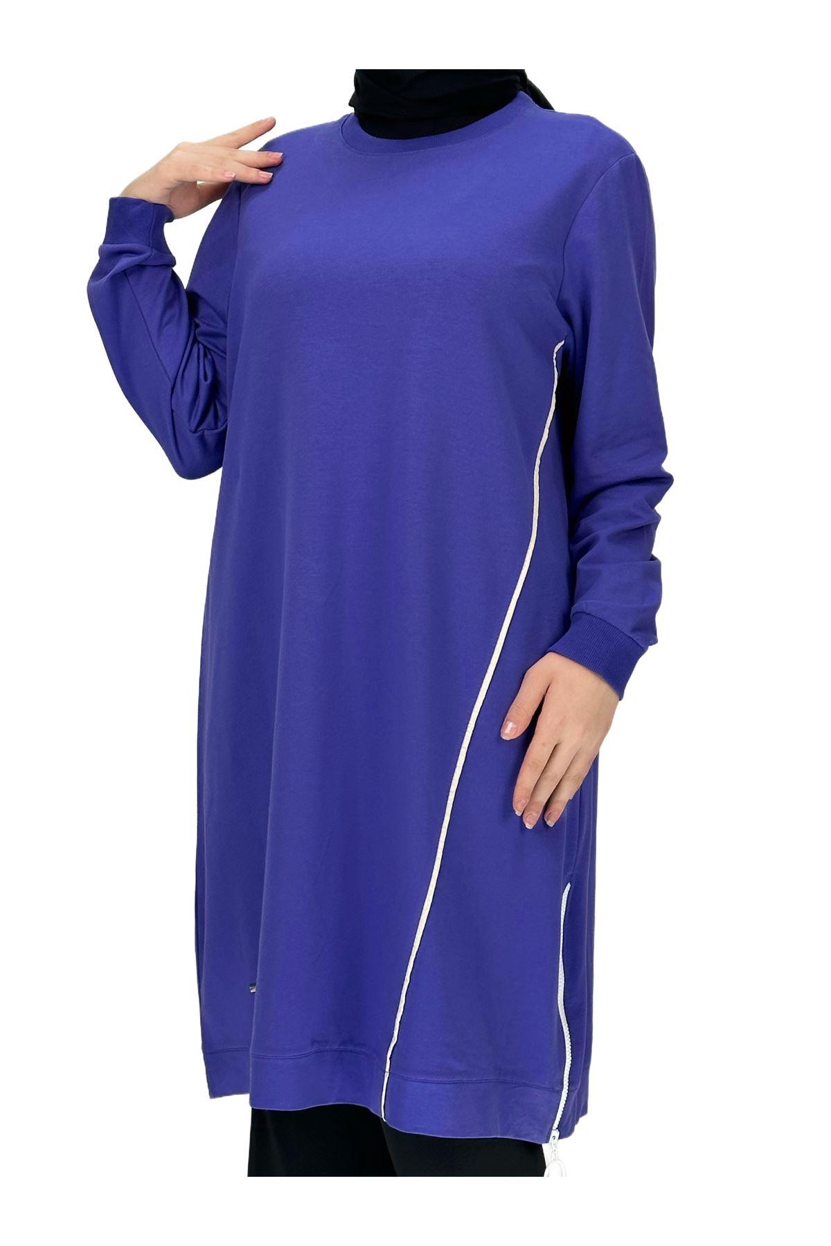 OTW7088 Biyeli Uzun Yandan Fermuarlı Tunik Mor