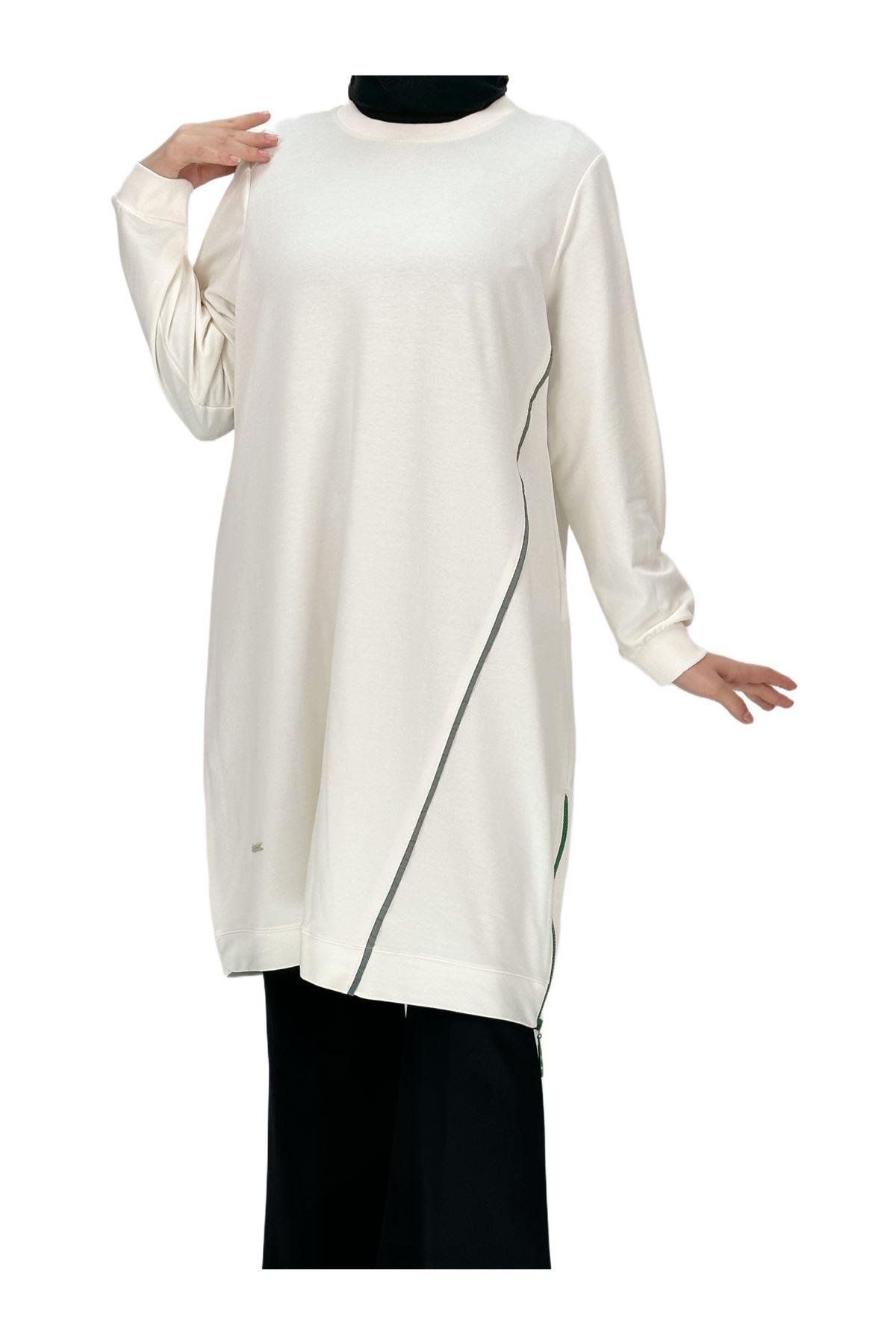 OTW7088 Biyeli Uzun Yandan Fermuarlı Tunik Ekru