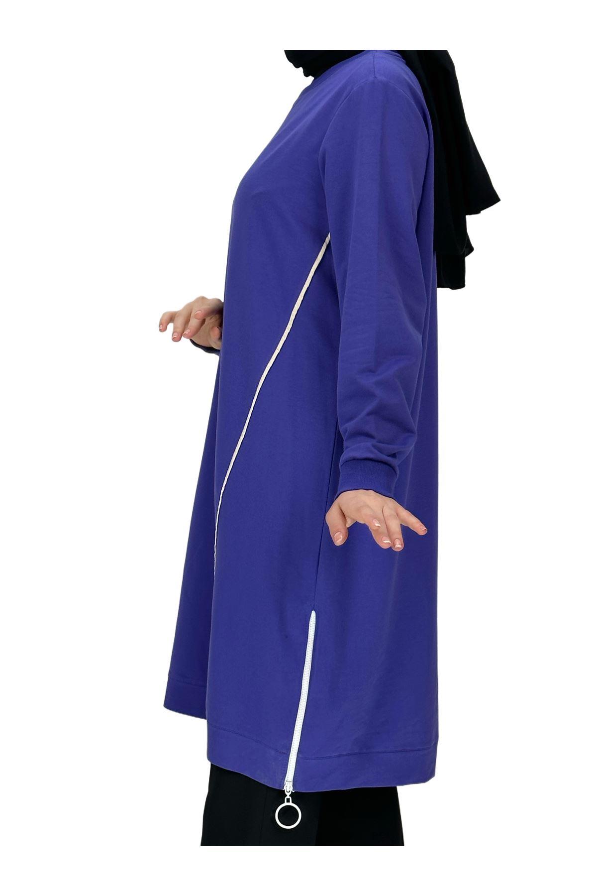 OTW7088 Biyeli Uzun Yandan Fermuarlı Tunik Mor