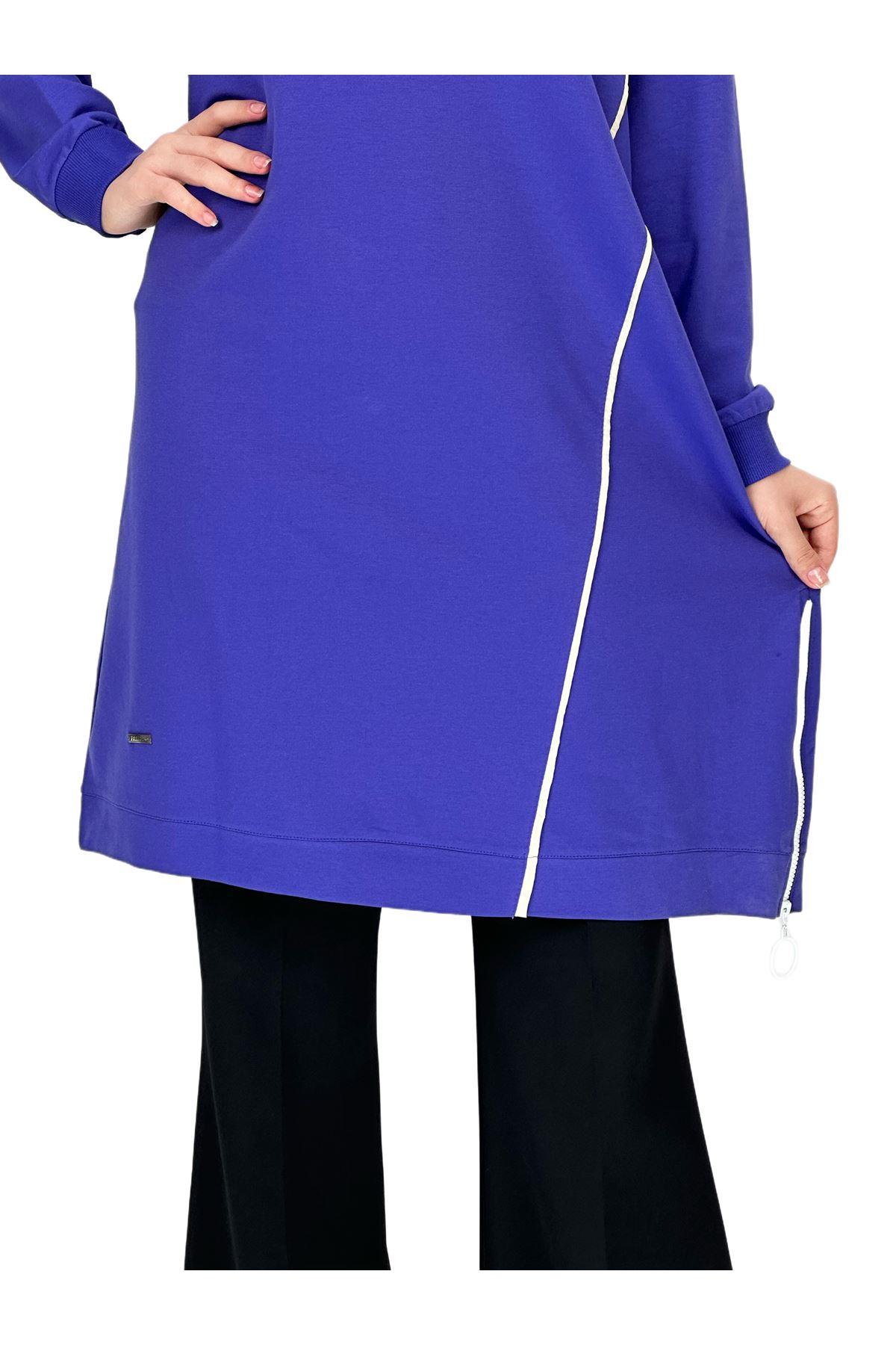 OTW7088 Biyeli Uzun Yandan Fermuarlı Tunik Mor