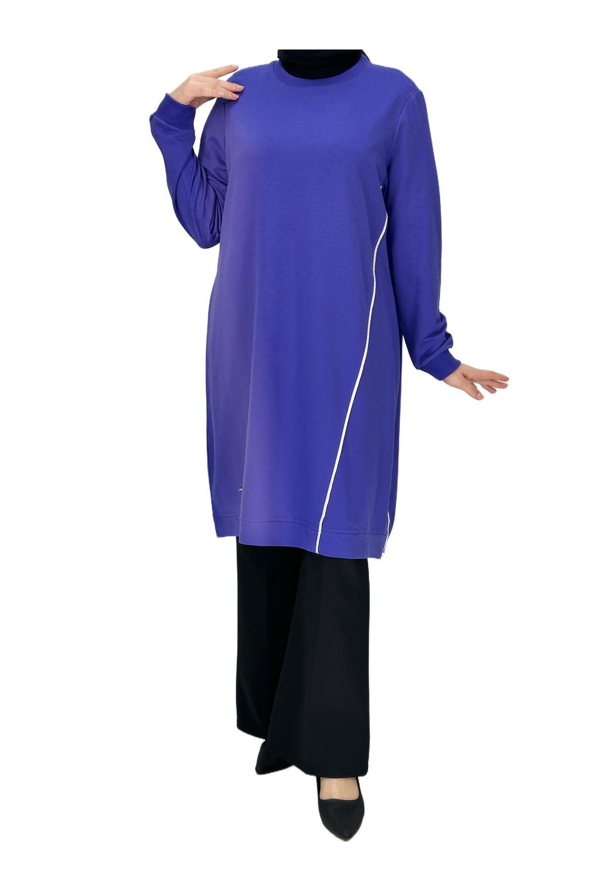 OTW7088 Biyeli Uzun Yandan Fermuarlı Tunik Mor