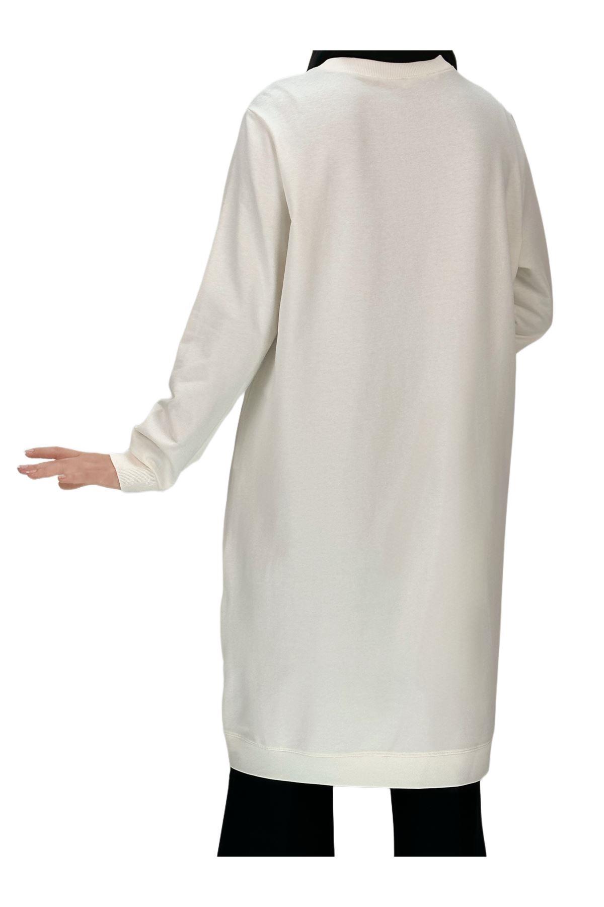 OTW7088 Biyeli Uzun Yandan Fermuarlı Tunik Ekru