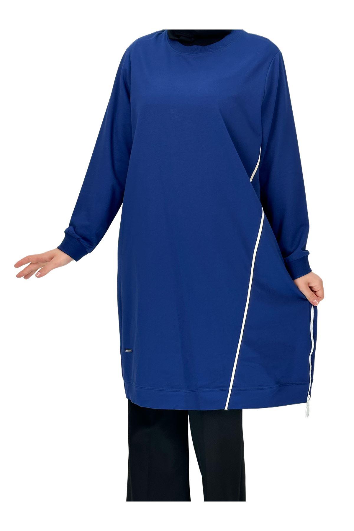 OTW7088 Biyeli Uzun Yandan Fermuarlı Tunik İndigo