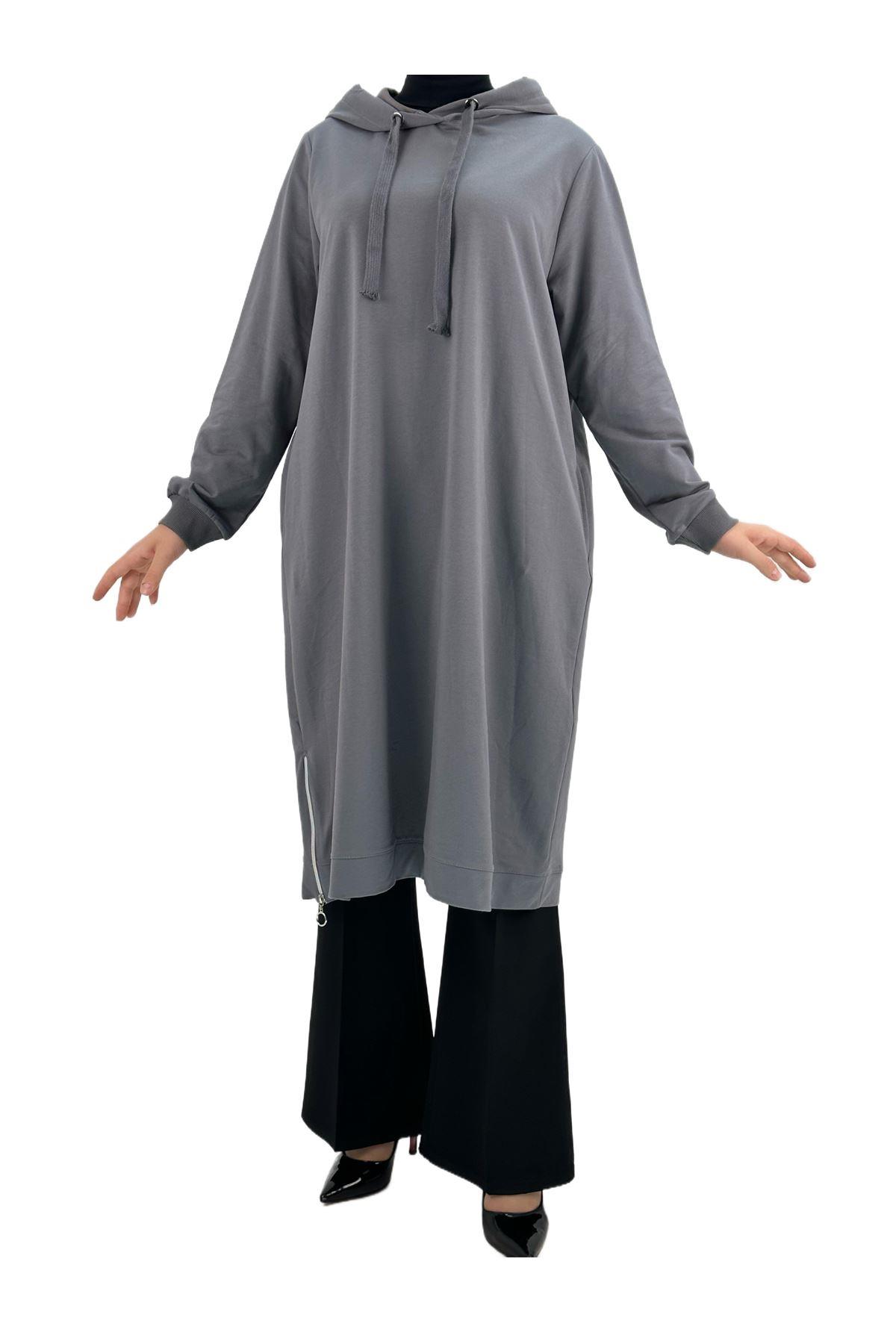 OTW7467 Yandan Fermuarlı Tunik Gri