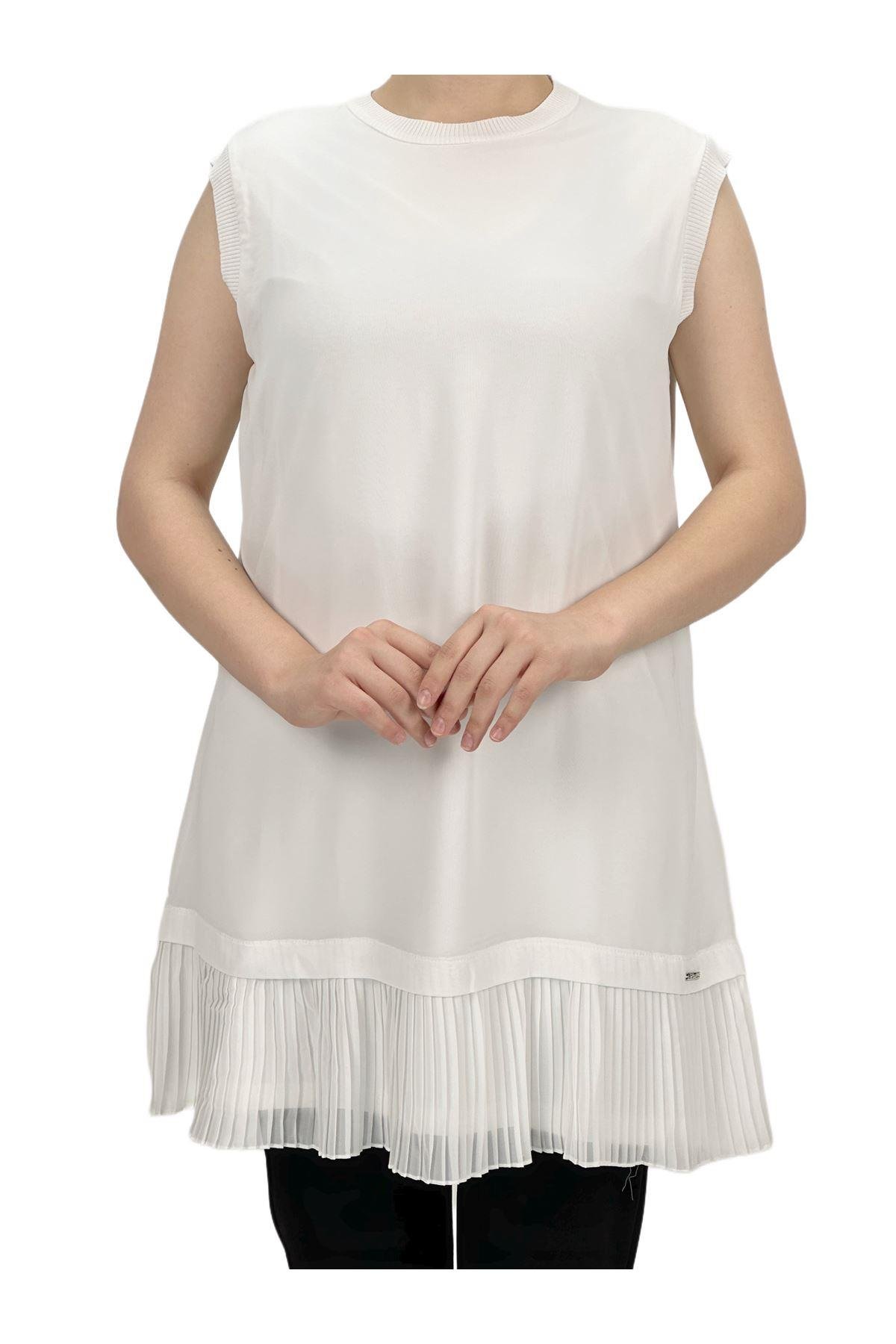 OTW876 Büyük Beden Piliseli Kolsuz İçlik Ekru