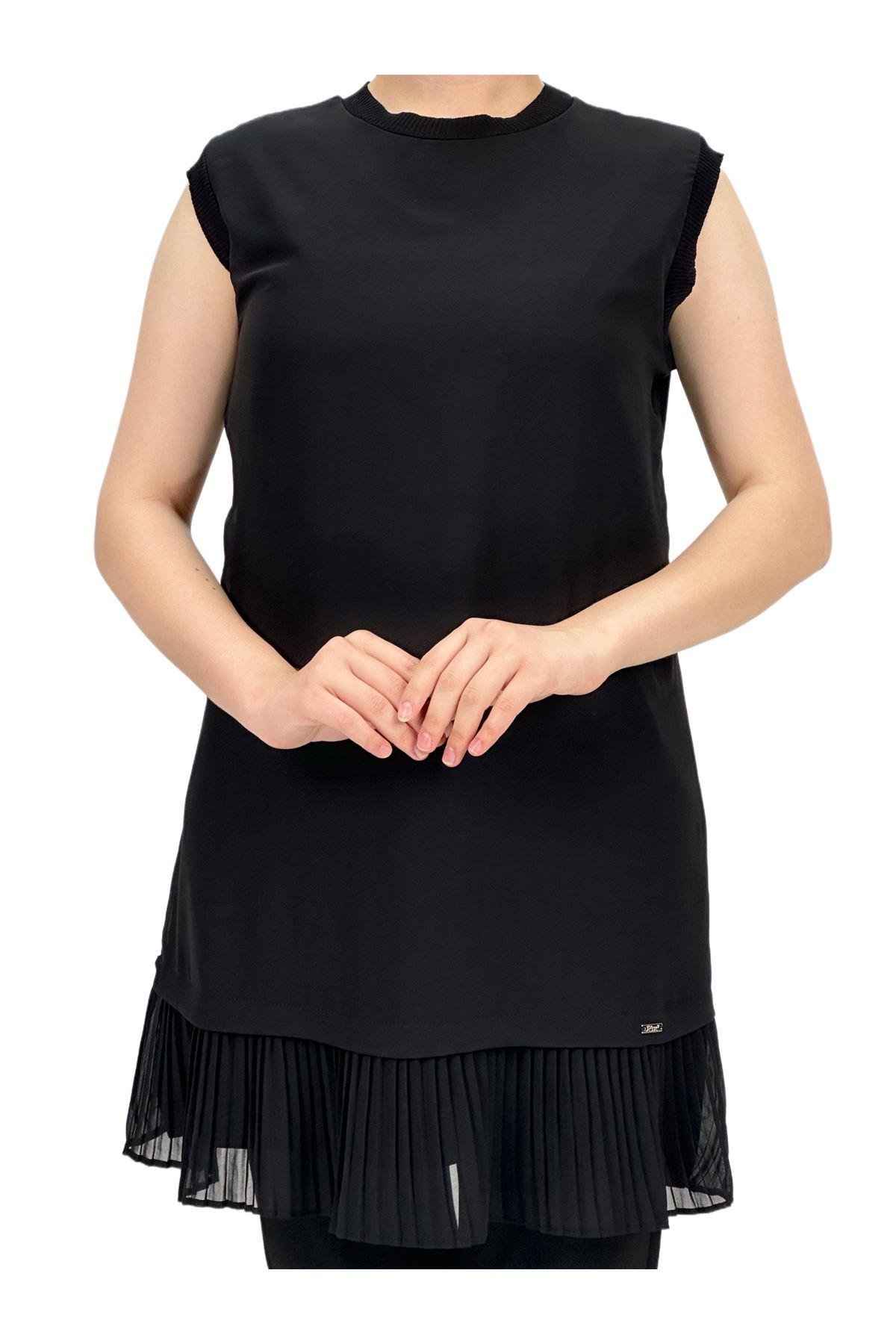 OTW876 Büyük Beden Piliseli Kolsuz İçlik Siyah