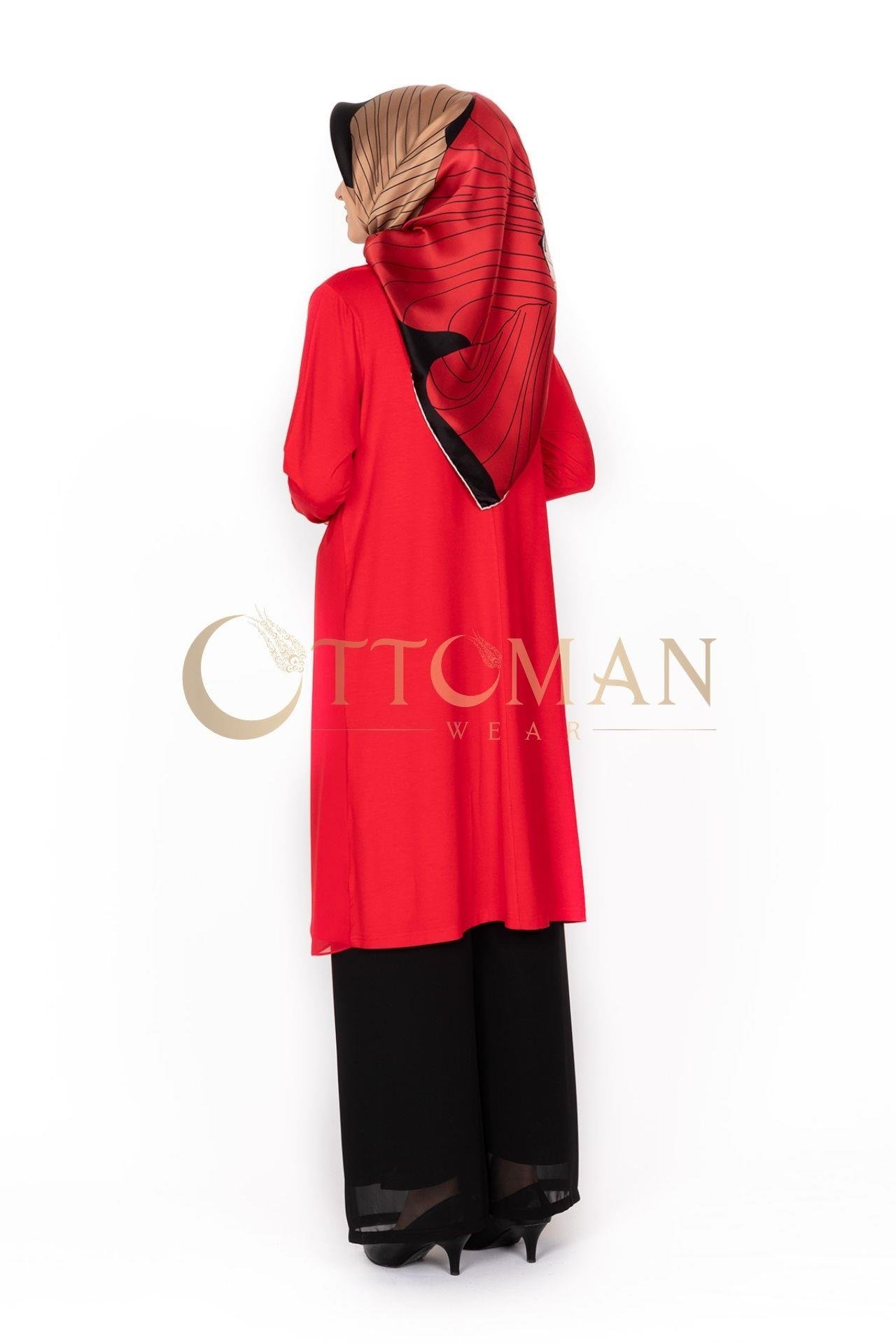 OTW8832 Önü Şifon Detaylı Penye Uzun Kollu İçlik Kırmızı