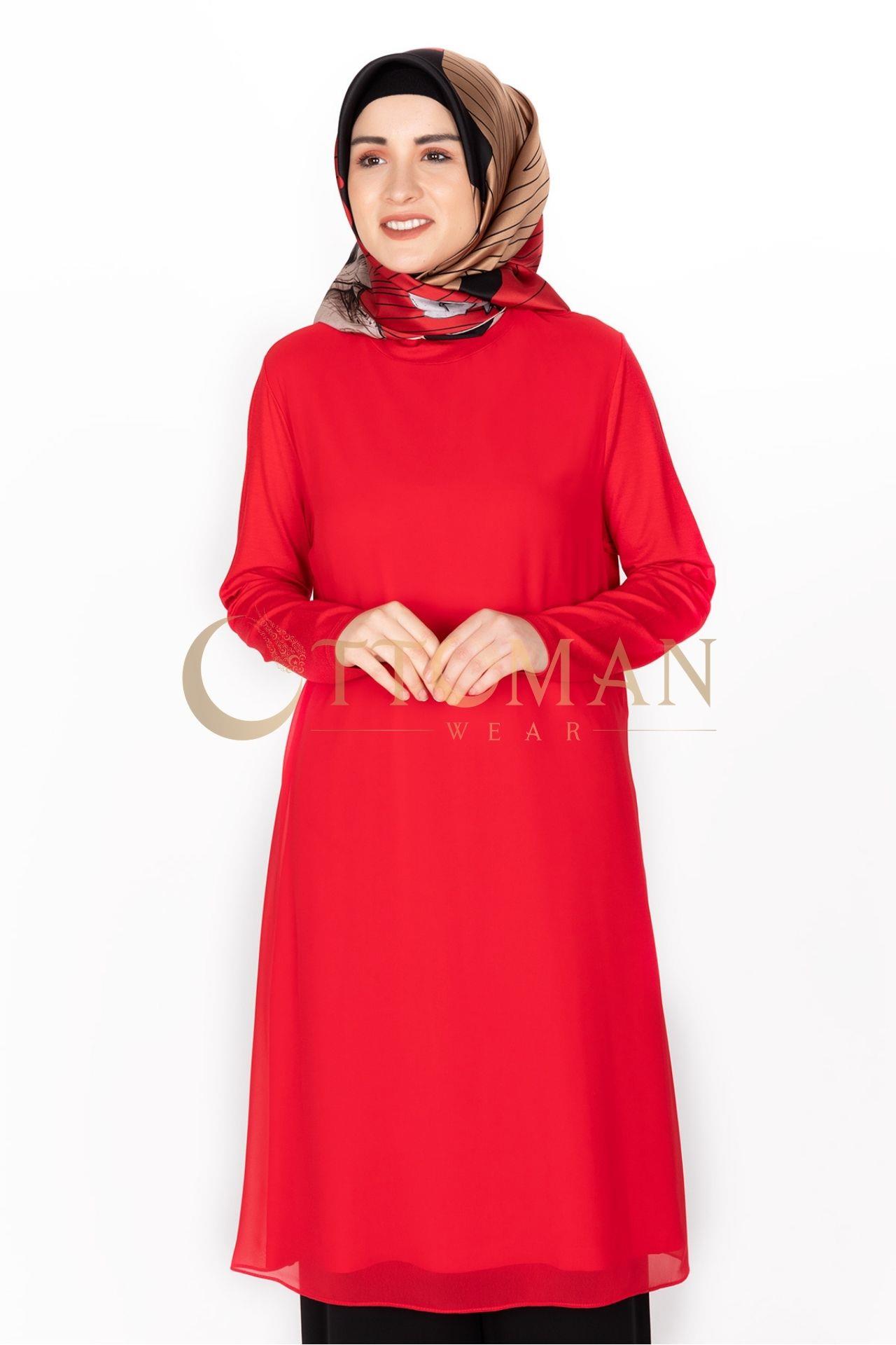 OTW8832 Önü Şifon Detaylı Penye Uzun Kollu İçlik Kırmızı